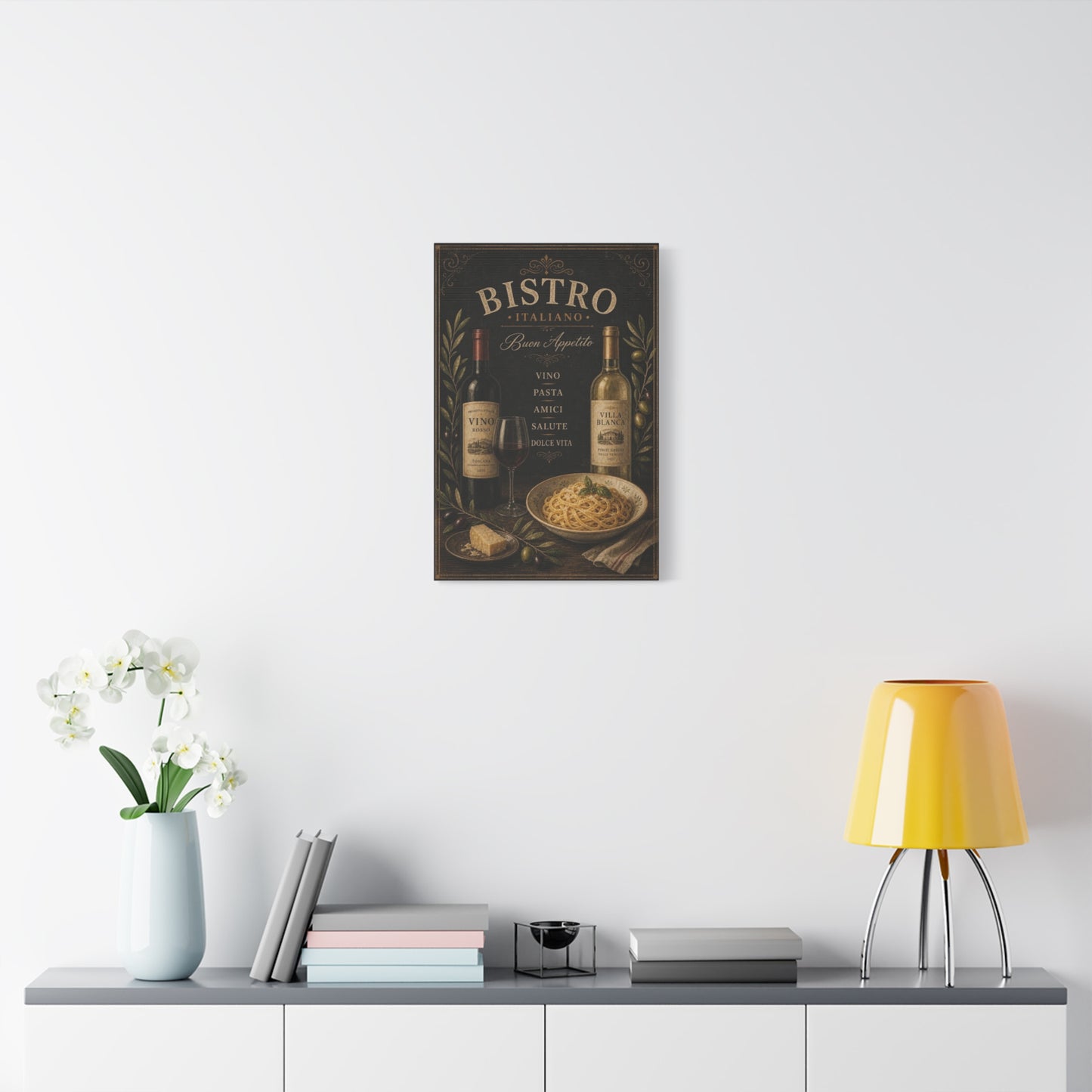 "Bistro Italiano Buon Appetito" Canvas Wall Art - Wine Bottles, Pasta, Olives - Vintage Italian Kitchen Decor - Rustic Farmhouse Style - Dining Room Accent, Cafe Wall Decor - Bedroom Home Decoration