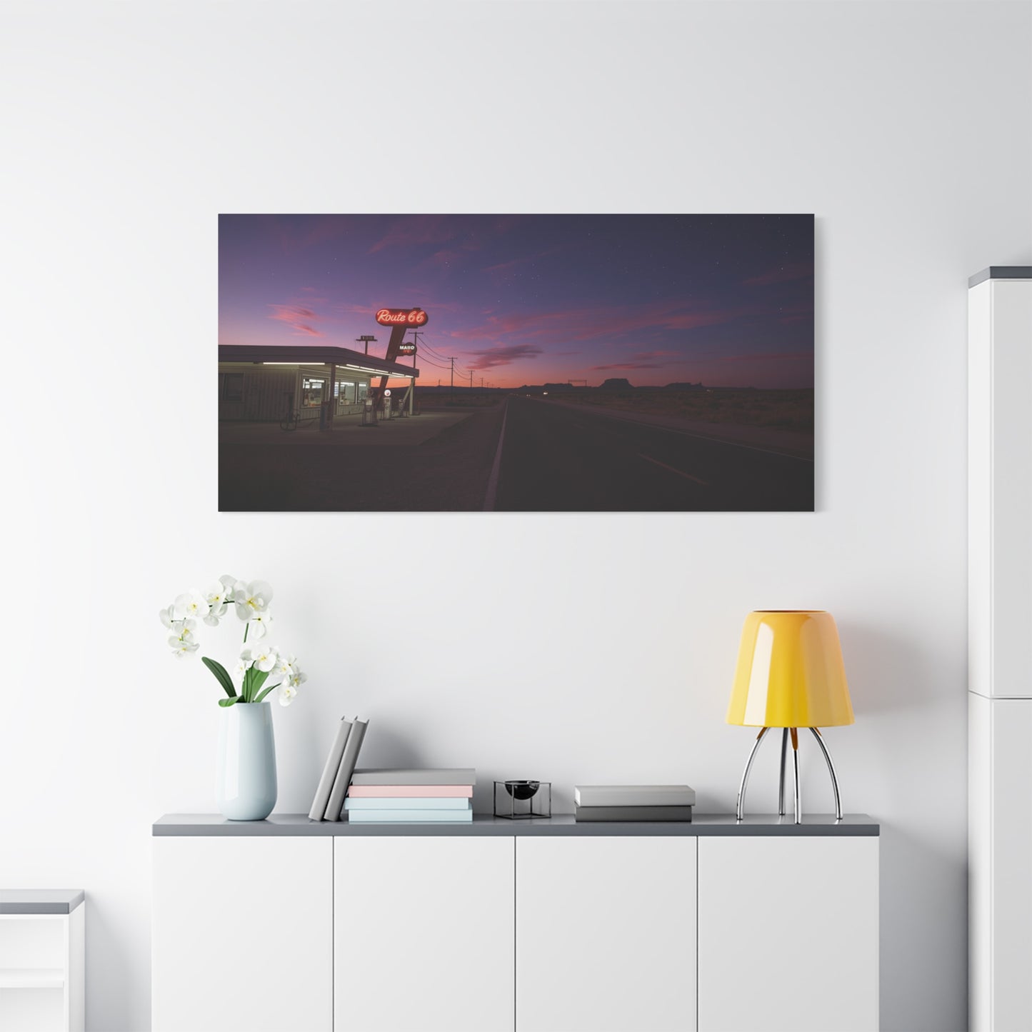 "Route 66" Desert Gas Station Canvas Wall Art - Twilight Roadside Art Print - Purple Pink Sunset Sky, Retro Americana Style - Living Room Wall Decor, Office Art - Bedroom Home Decoration