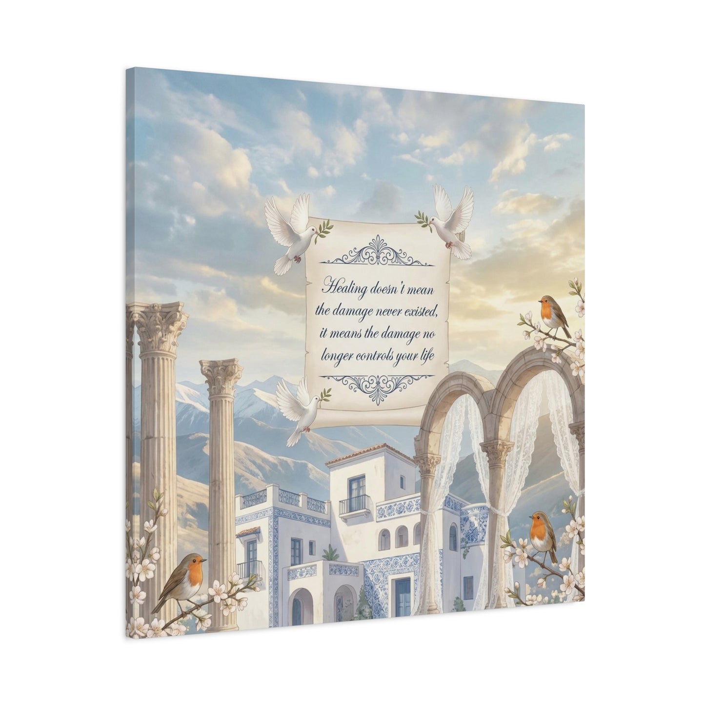 "The Damage No Longer Controls Your Life" Inspirational Canvas Wall Art - Doves, Robins, Classical Arches, Mountain Villa Quote Print - Matte Finish Canvas - Bedroom Home Decoration, Meditation Space