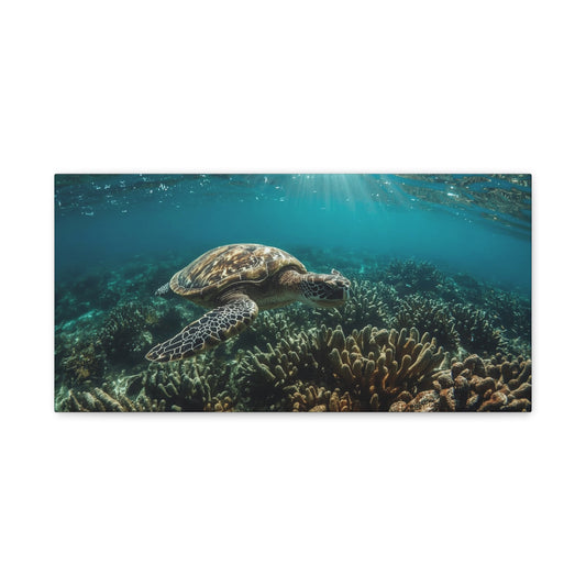 Sea Turtle Canvas Wall Art - Underwater Ocean Reef Art Print, Sunlit Blue Seascape, Coastal Wall Decor, Matte Finish Canvas Print, Living Room Decoration, Bedroom Home Accent - Ready to Hang