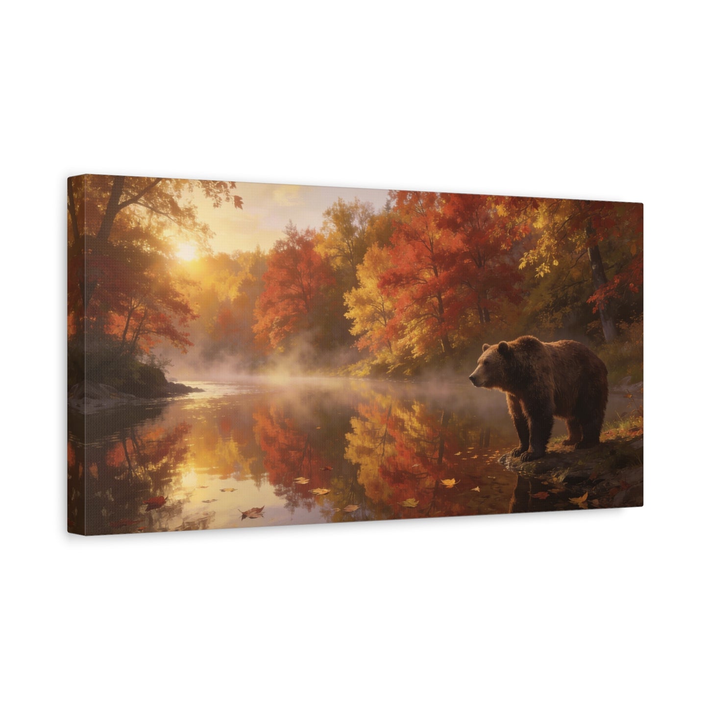 Brown Bear Canvas Wall Art - Autumn Forest River Sunrise Wildlife Print, Golden Mist Reflection, Matte Canvas Print, Rustic Lodge Style, Living Room Wall Decor Office Art - Bedroom Home Decoration