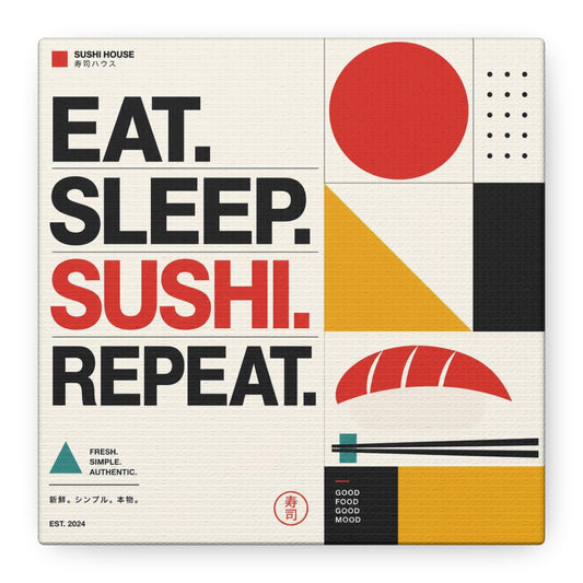 "Eat. Sleep. Sushi. Repeat." Sushi Canvas Wall Art - Japanese Typography Print, Geometric Food Poster Design - Modern Minimalist Cotton Canvas - Cafe Decor, Kitchen Accent, Dining Room Artwork