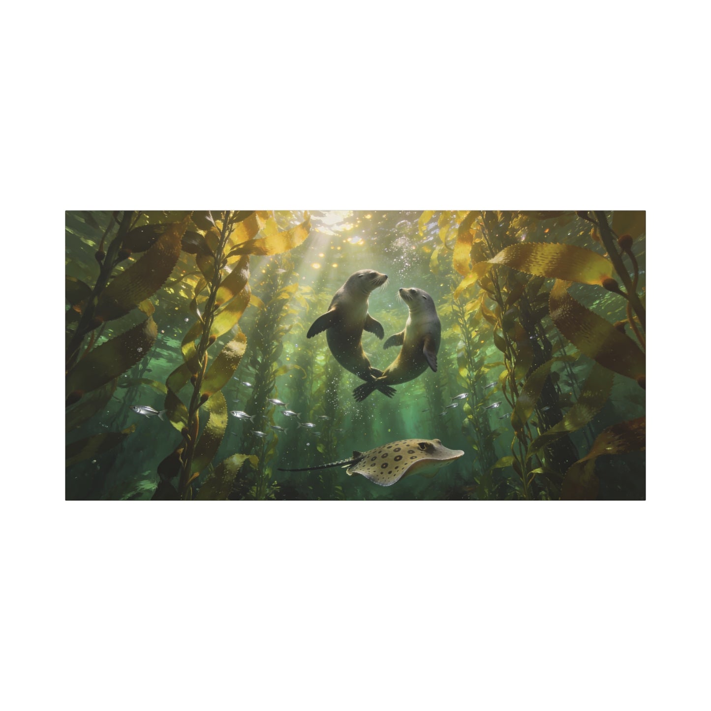 Sea Lion Kelp Forest Canvas Wall Art - Underwater Ocean Wildlife Print, Sunbeam Marine Scene, Matte Cotton Decor - Coastal Style Living Room Wall Decor, Bedroom Home Decoration - Cozy Reading Nook Art