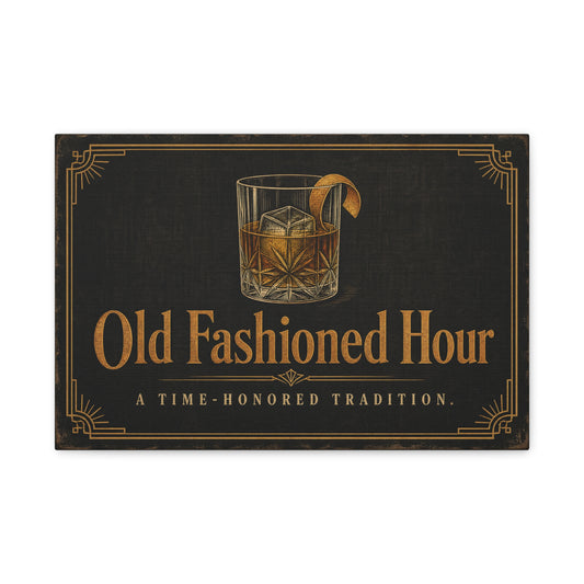 "Old Fashioned Hour" Canvas Wall Art - Vintage Whiskey Glass Quote Print, Art Deco Bar Cart Decor - Matte Cotton Wall Hanging - Speakeasy Lounge Style, Home Bar - Ready to Hang - Cocktail Lounge Decor