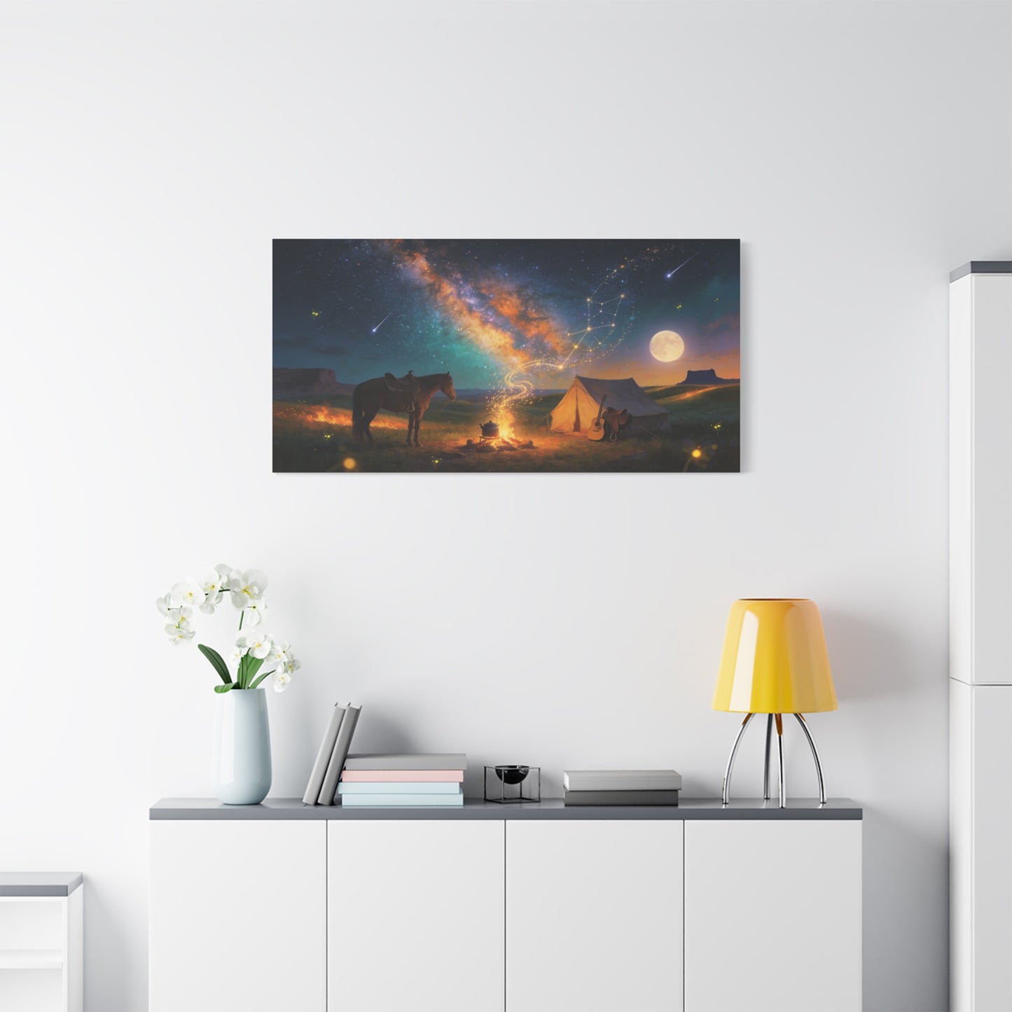 Western Night Sky Canvas Wall Art - Horse, Tent, Campfire And Milky Way Constellation - Dreamy Cosmic Desert Landscape - Modern Home Decor For Living Room, Bedroom, Office - Living Room Wall Decor
