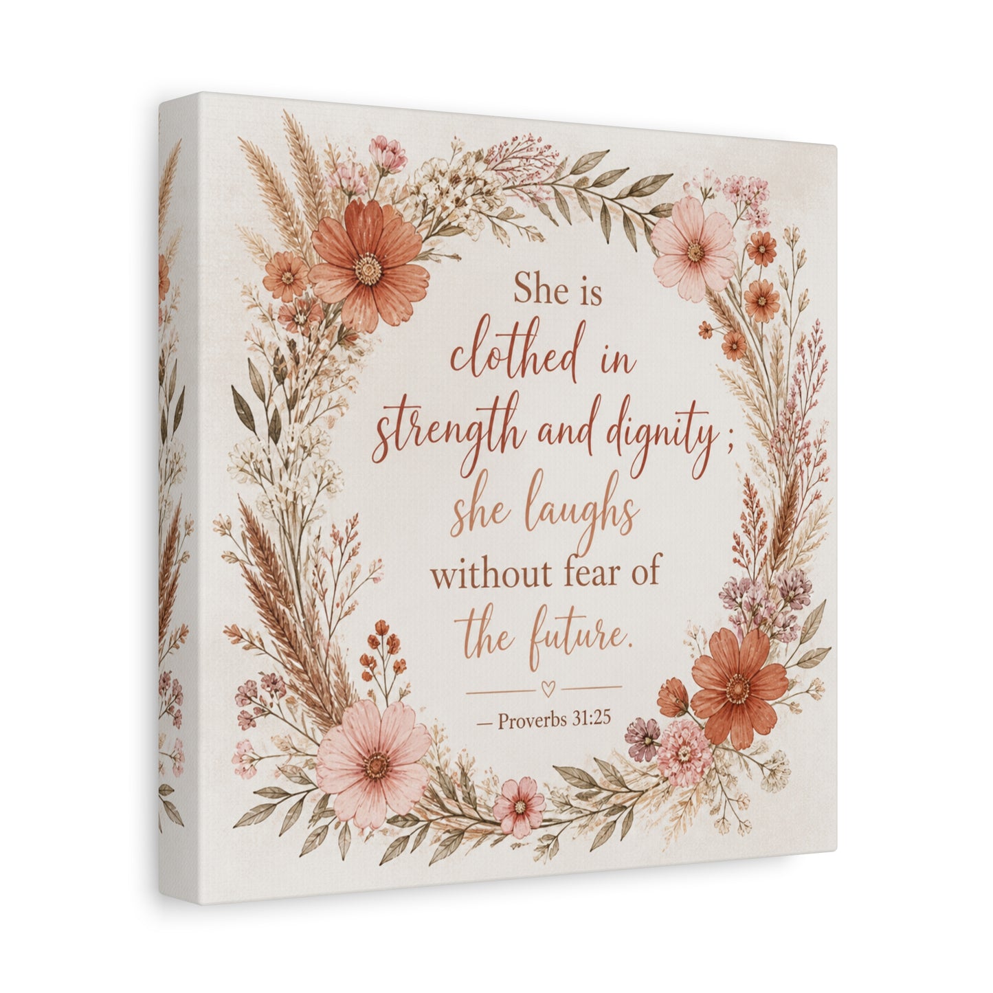 "She Is Clothed In Strength And Dignity" Floral Canvas Wall Art - Proverbs 31:25 Scripture Quote, Blush Wildflower Wreath, Farmhouse Style, Bedroom Wall Decor - Bedroom Home Decoration - Ready to Hang