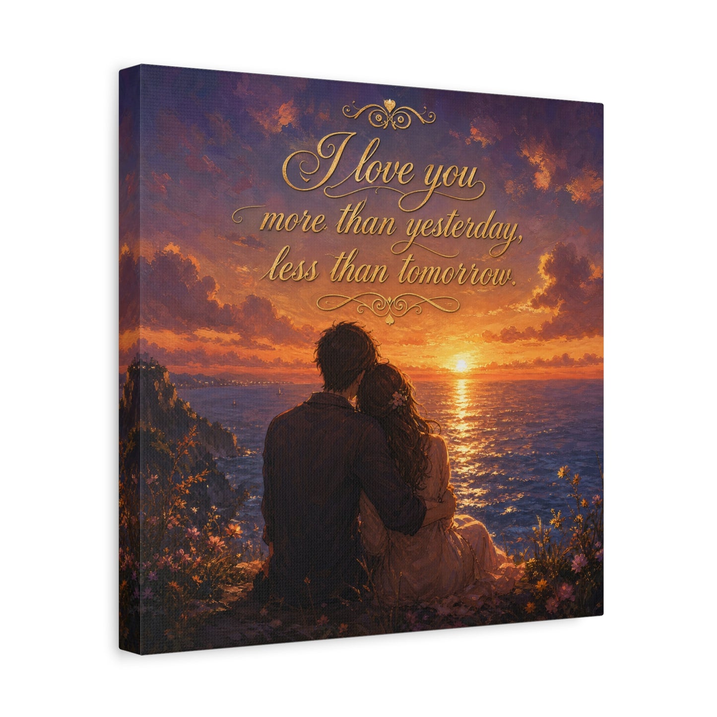 "I Love You More Than Yesterday, Less Than Tomorrow." Love Quote Canvas Wall Art - Romantic Sunset Ocean Couple Silhouette - Gold Script Seascape - Bedroom Wall Decor - Ready to Hang - Ready to Hang