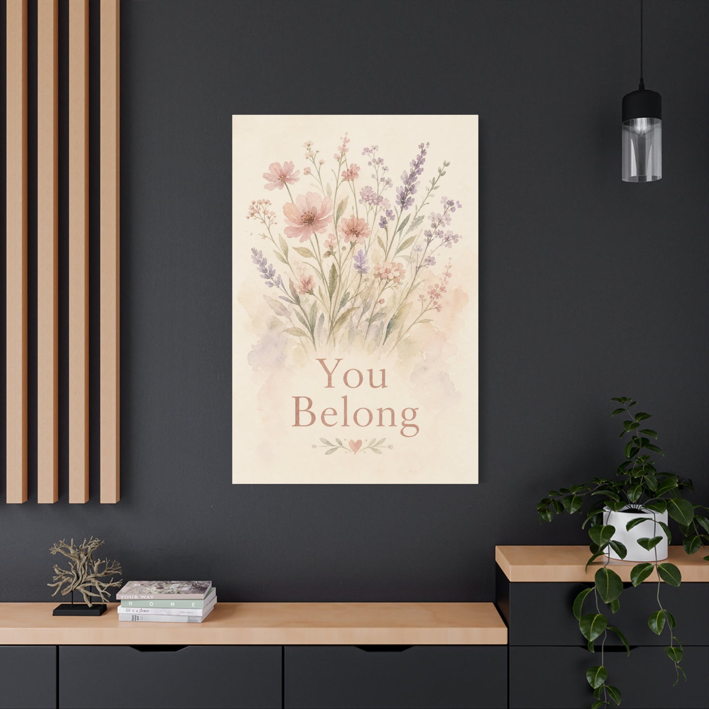 "You Belong" Floral Canvas Wall Art - Watercolor Wildflower Quote Print, Pink Lavender Botanical Decor - Inspirational Bedroom Home Decoration, Nursery Wall Hanging - Bedroom Home Decoration