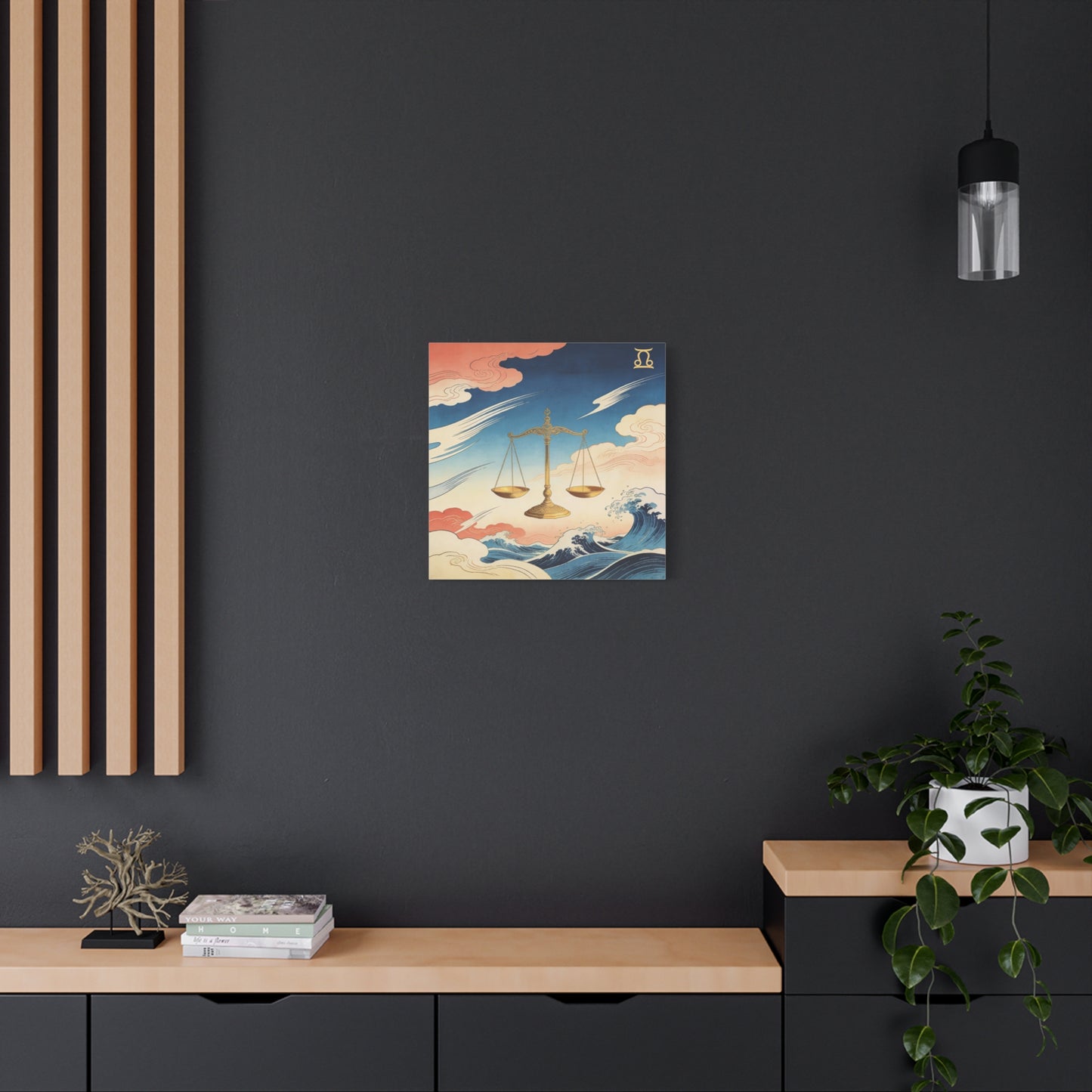 Libra Zodiac Canvas Wall Decor - Vintage Japanese Wave Scales Illustration - Celestial Astrology Print, Gold Balance Symbol, Traditional Style, Bedroom Home Decoration - Living Room Wall Decor