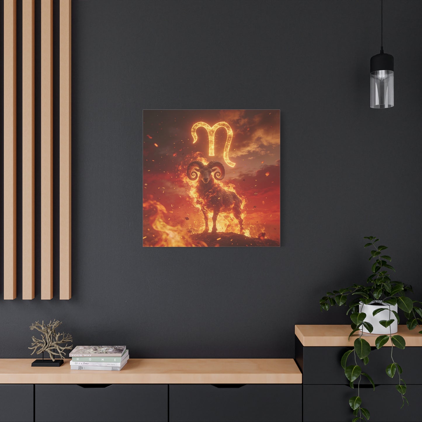 Aries Ram Canvas Wall Art - Fiery Zodiac Symbol Astrology Print, Glowing Horned Sheep Illustration - Matte Canvas Decor - Bedroom Home Decoration, Office Wall Art - Bedroom Home Decoration