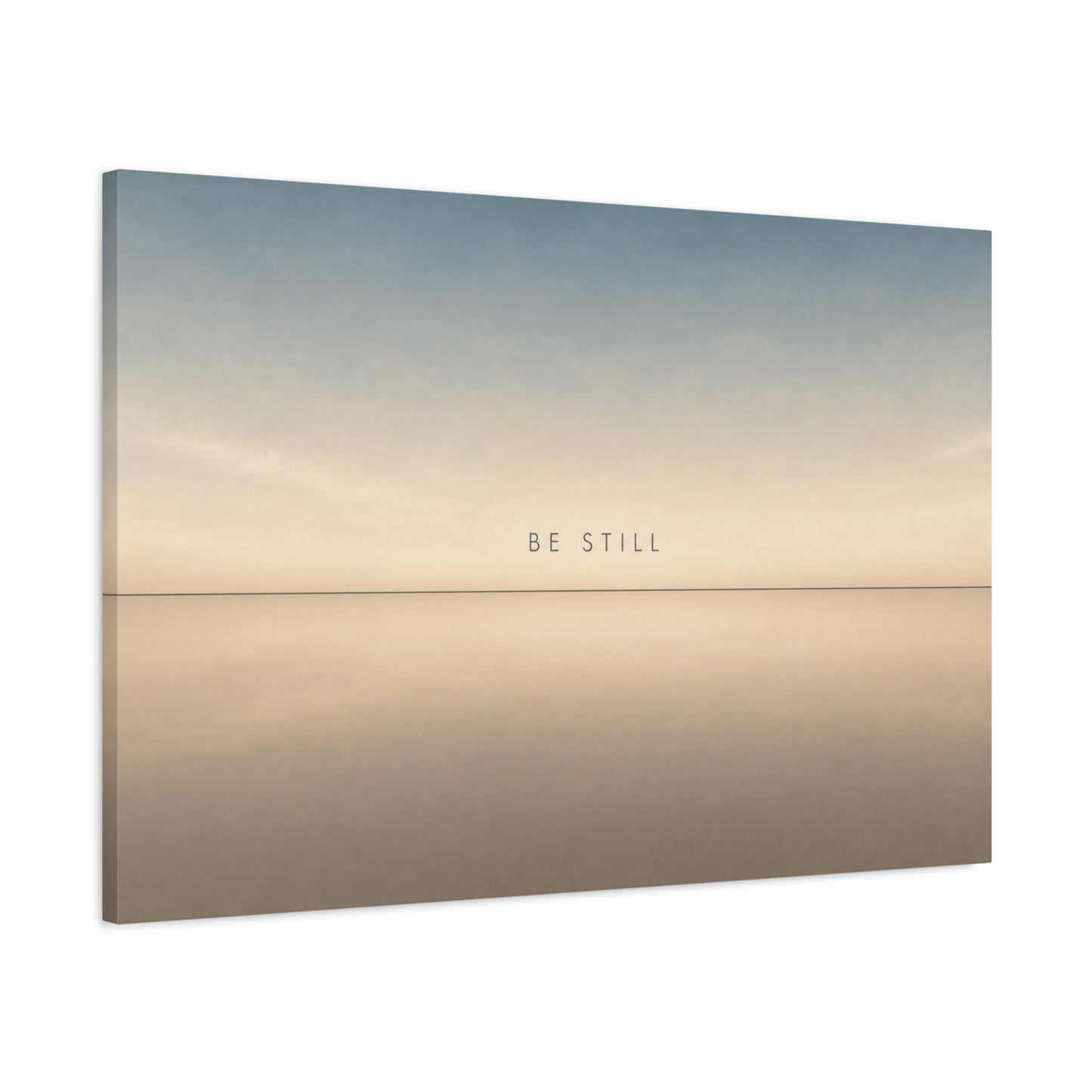 "Be Still" Minimalist Canvas Wall Art - Serene Horizon Typography Print, Neutral Blue Beige Coastal Style - Bedroom Wall Decor, Meditation Space Home Decoration - Ready to Hang - Cozy Reading Nook Art