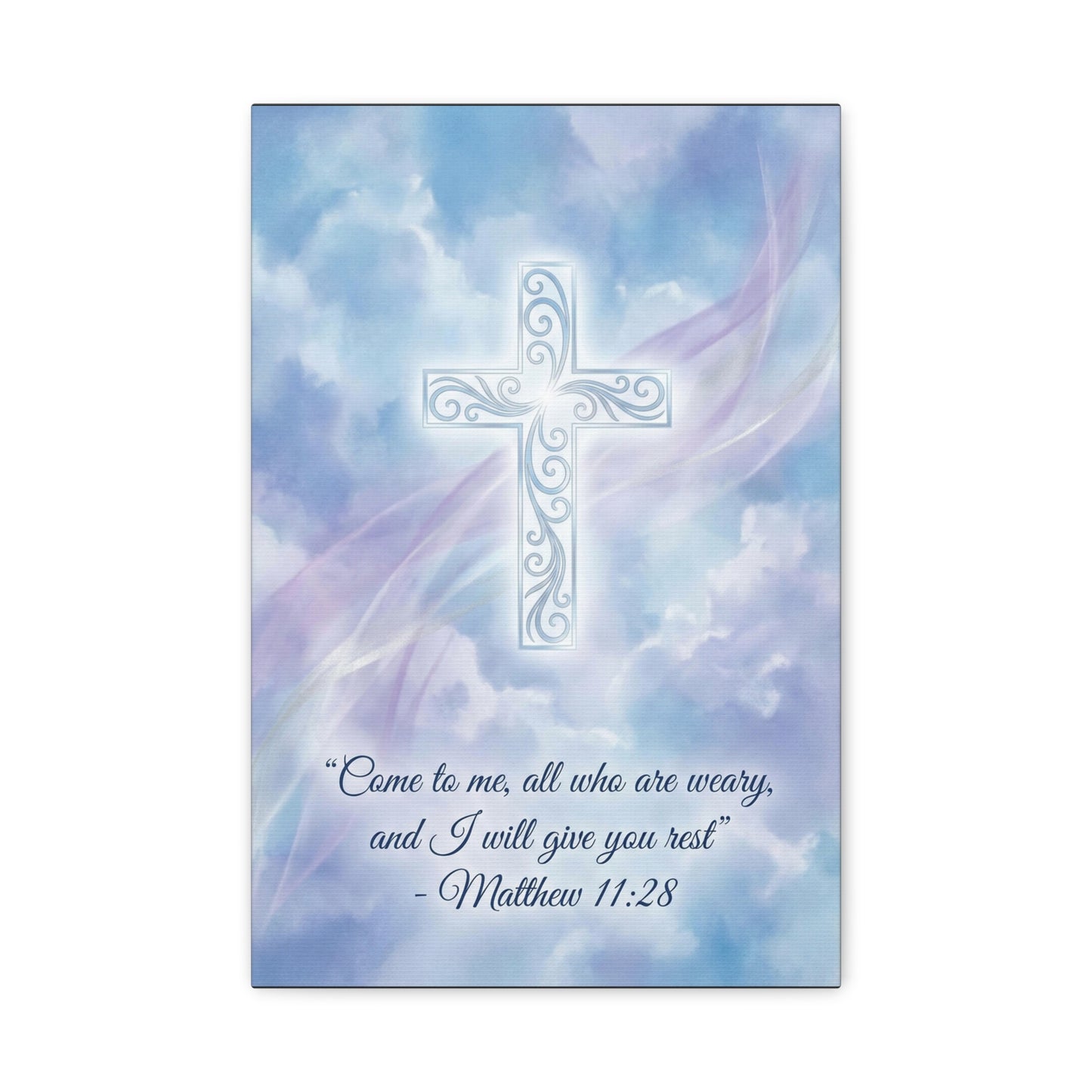 "Come To Me, All Who Are Weary, And I Will Give You Rest" Cross Canvas Wall Art - Matthew 11:28 Scripture Decor, Traditional Christian Wall Hanging, Serene Bedroom Living Room Accent - Ready to Hang