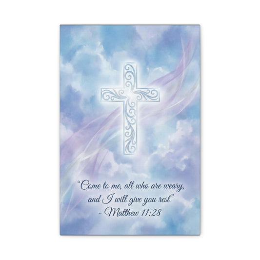 "Come To Me, All Who Are Weary, And I Will Give You Rest" Cross Canvas Wall Art - Matthew 11:28 Scripture Decor, Traditional Christian Wall Hanging, Serene Bedroom Living Room Accent - Ready to Hang