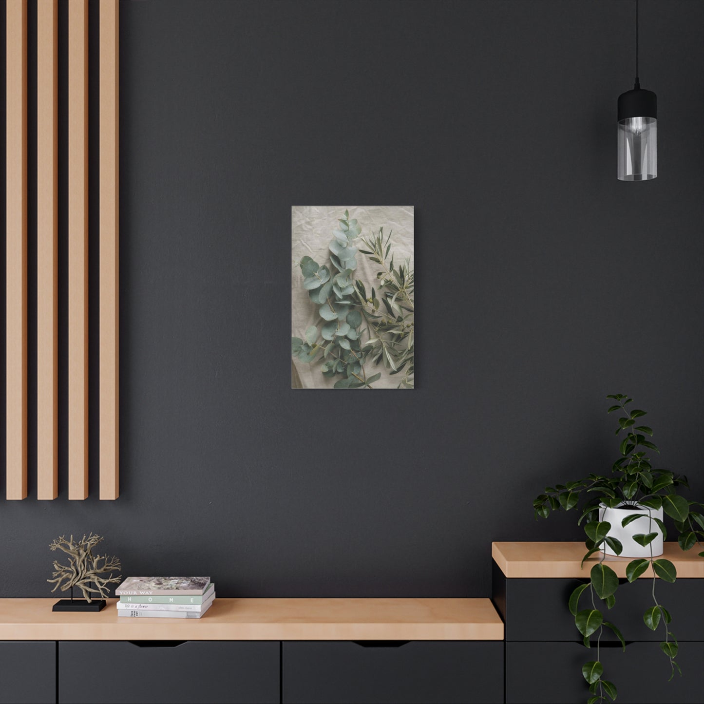 Eucalyptus And Olive Branch Canvas Wall Art - Botanical Still Life, Soft Sage Beige Tones - Matte Cotton Print, Minimalist Traditional Style - Bedroom Decoration, Spa Accent - Living Room Wall Decor
