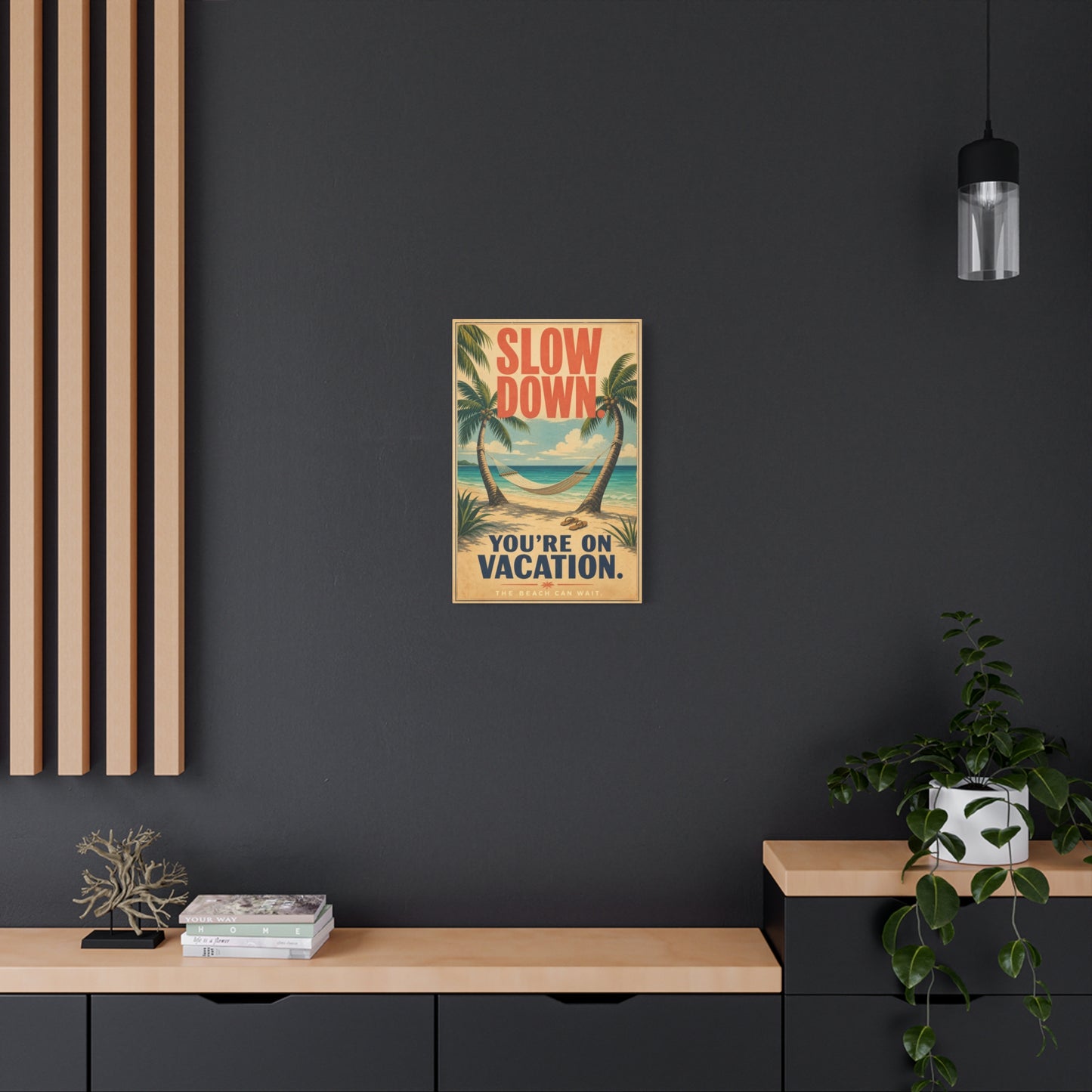 "Slow Down. You're On Vacation. The Beach Can Wait." Beach Canvas Wall Art - Tropical Palm Hammock Coastal Print - Vintage Typography Style - Bedroom Wall Decor, Vacation Rental Accent - Ready to Hang