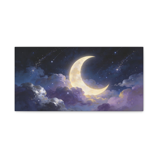 Crescent Moon Canvas Wall Art - Dreamy Night Sky Clouds, Celestial Starry Canvas Print - Contemporary Blue Gold Fantasy Decor - Bedroom Wall Decor, Living Room Home Accent - Bedroom Home Decoration