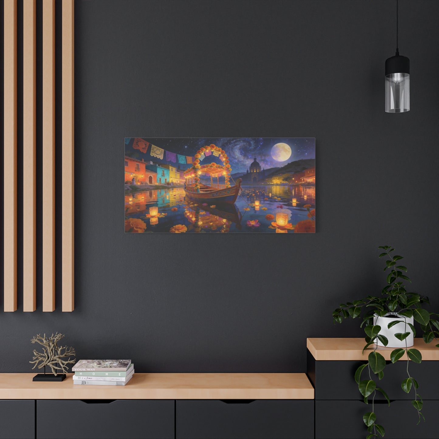 Moonlit Marigold Boat Canvas Wall Art - Colorful Festival Lake Scene, Full Moon Night Sky - Matte Cotton Art Print - Bohemian Living Room Wall Decor, Bedroom Home Decoration - Bedroom Home Decoration