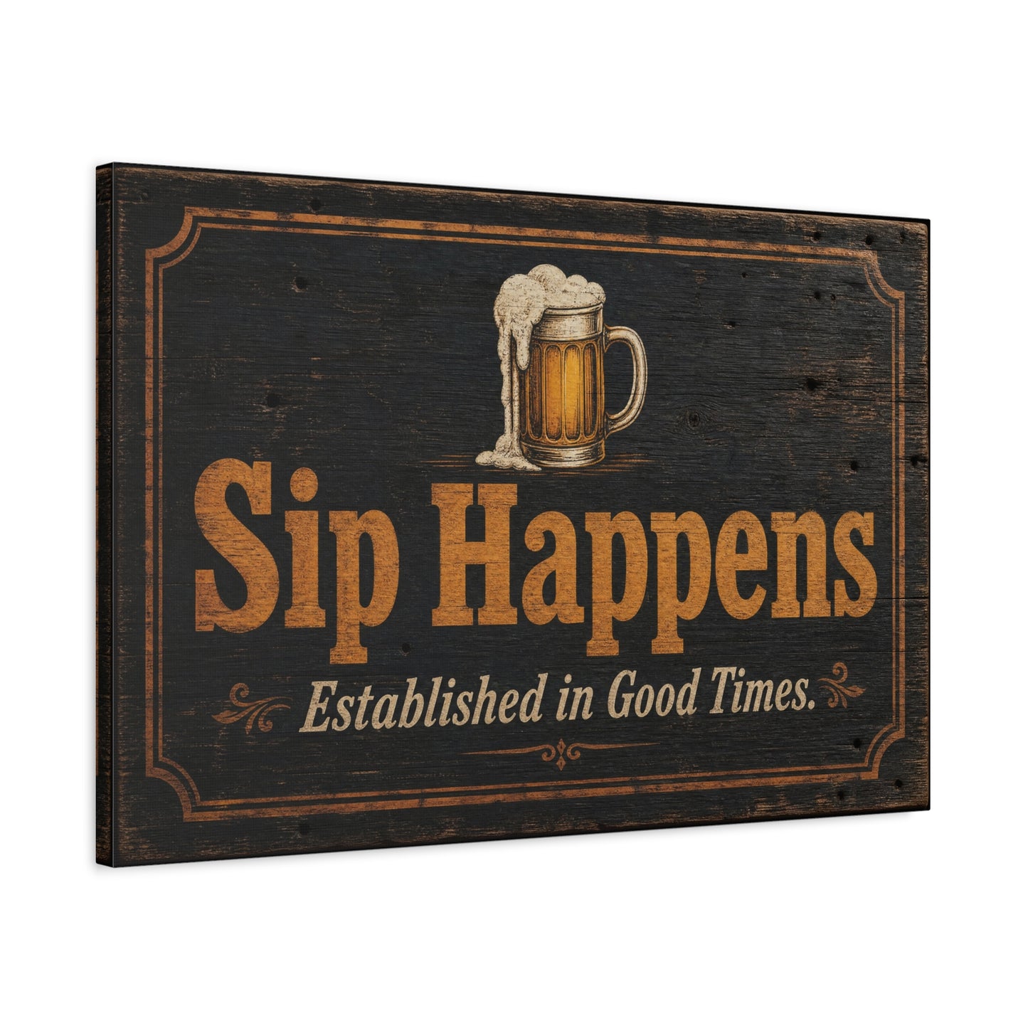 "Sip Happens" Beer Mug Canvas Wall Art - Rustic Vintage Pub Sign, Established In Good Times - Farmhouse Bar Decor - Ready to Hang - Ready to Hang - Pub Wall Art - Cocktail Lounge Decor