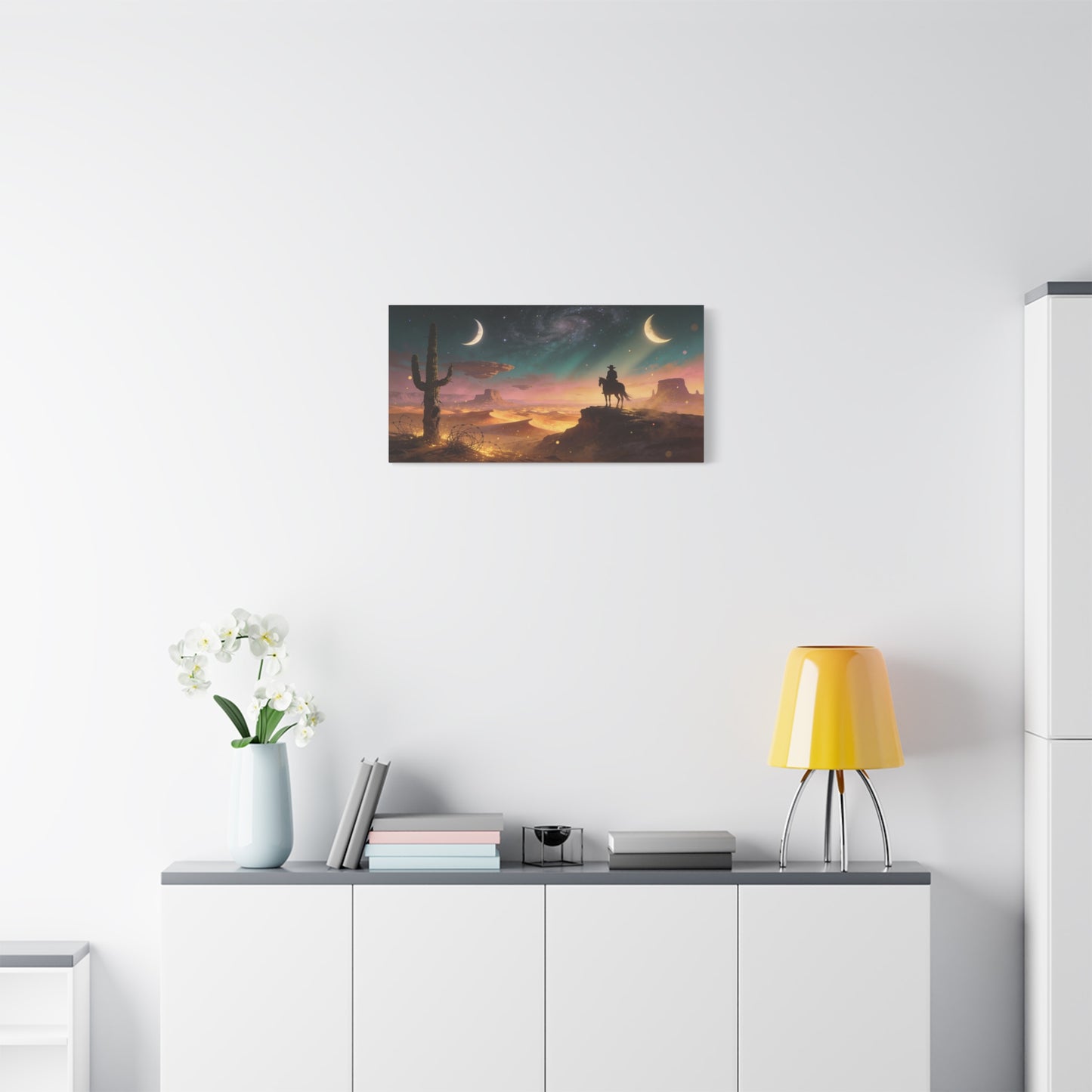 Surreal Desert Cowboy Canvas Wall Art - Crescent Moons, Galaxy Sky, Saguaro Silhouette - Matte Cotton Art Print - Contemporary Western Style, Living Room Wall Decor, Office Accent - Ready to Hang