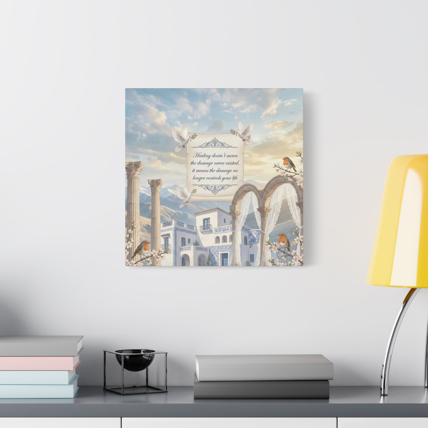 "The Damage No Longer Controls Your Life" Inspirational Canvas Wall Art - Doves, Robins, Classical Arches, Mountain Villa Quote Print - Matte Finish Canvas - Bedroom Home Decoration, Meditation Space