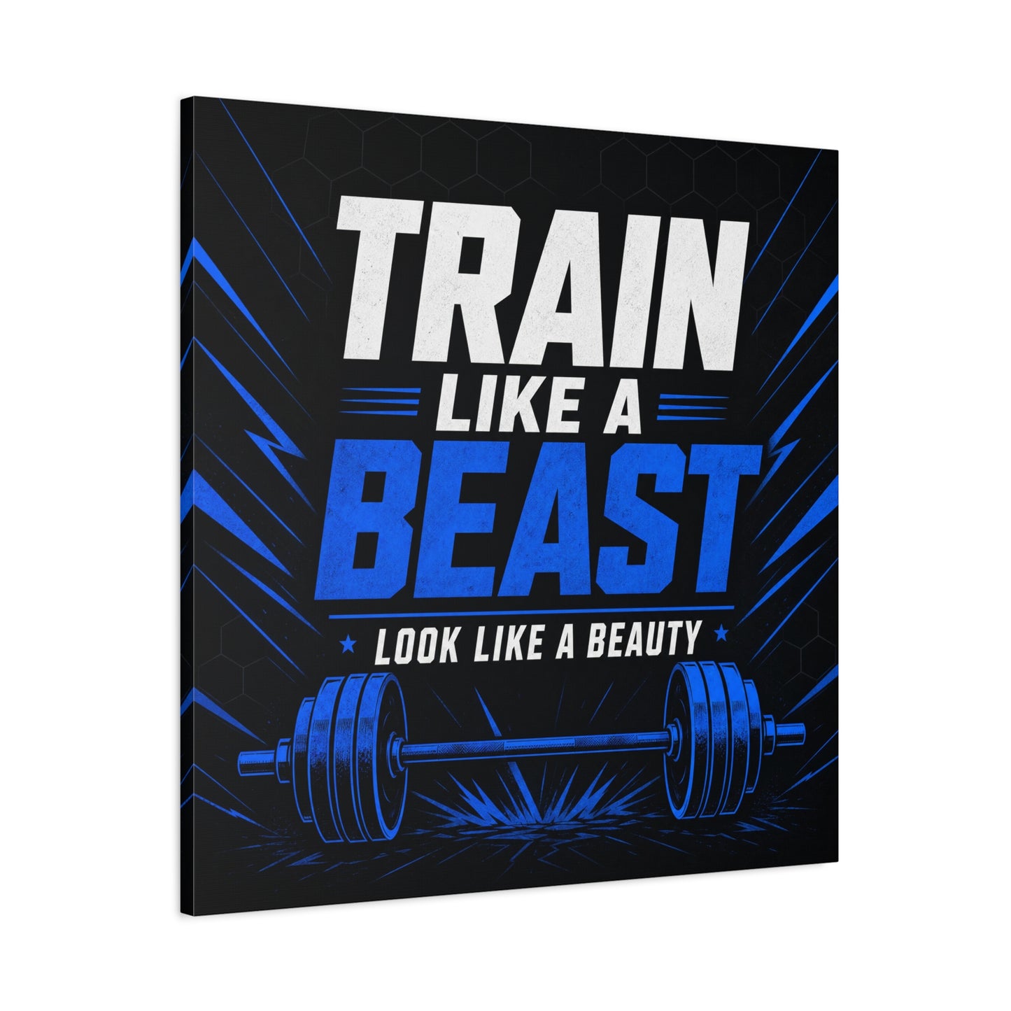 "Train Like A Beast Look Like A Beauty" Gym Canvas Wall Art - Blue Black Barbell Typography Motivational Fitness Decor - Modern Sports Quote Print - Ready to Hang - Living Room Wall Decor
