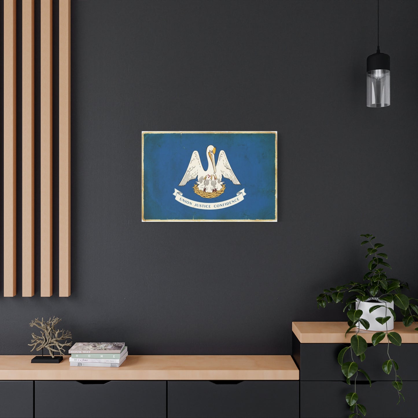 "Union Justice Confidence" Louisiana State Flag Canvas Wall Art - Vintage Pelican Crest Print, Distressed Blue Banner, Patriotic Traditional Decor - Living Room Office Wall Decor - Ready to Hang