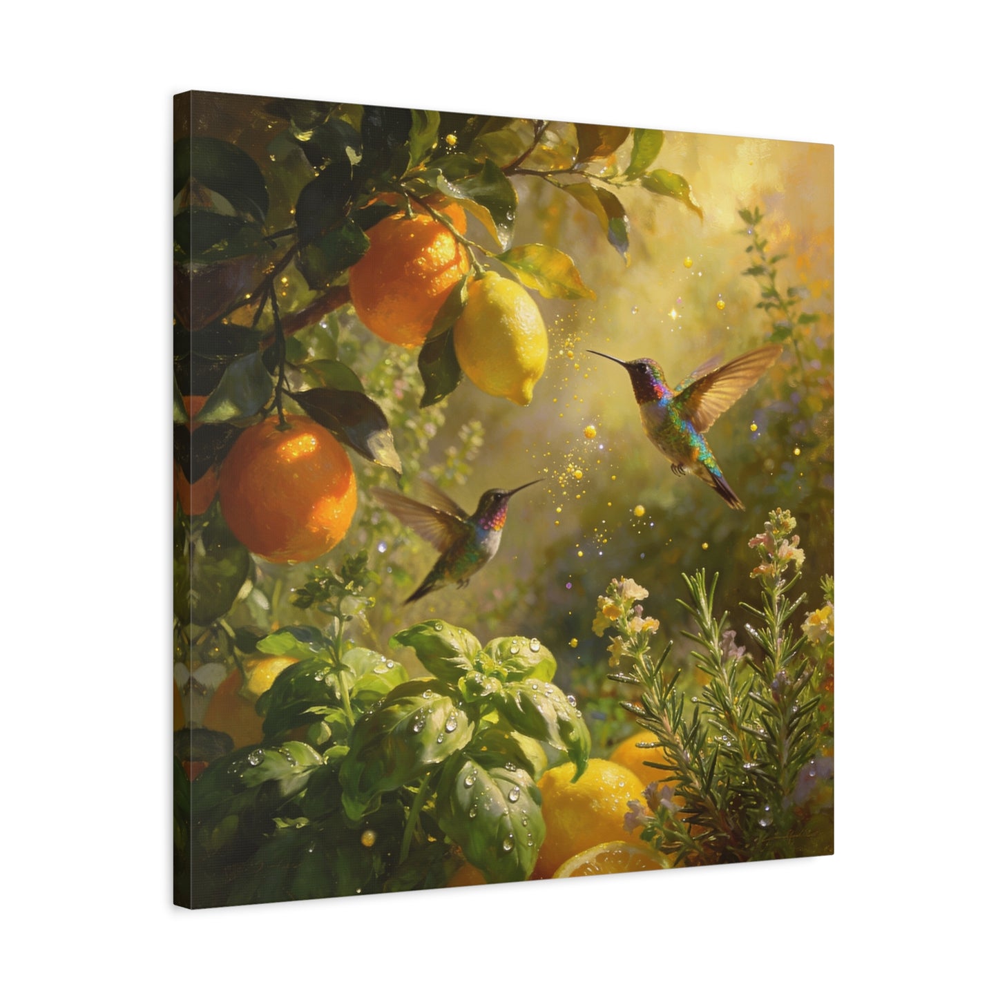 Hummingbird Citrus Canvas Wall Art - Lemon Orange Botanical Garden Print - Golden Light, Nature Home Decor, Living Room Wall Decor, Bedroom Home Decoration, Matte Finish Canvas - Cozy Reading Nook Art