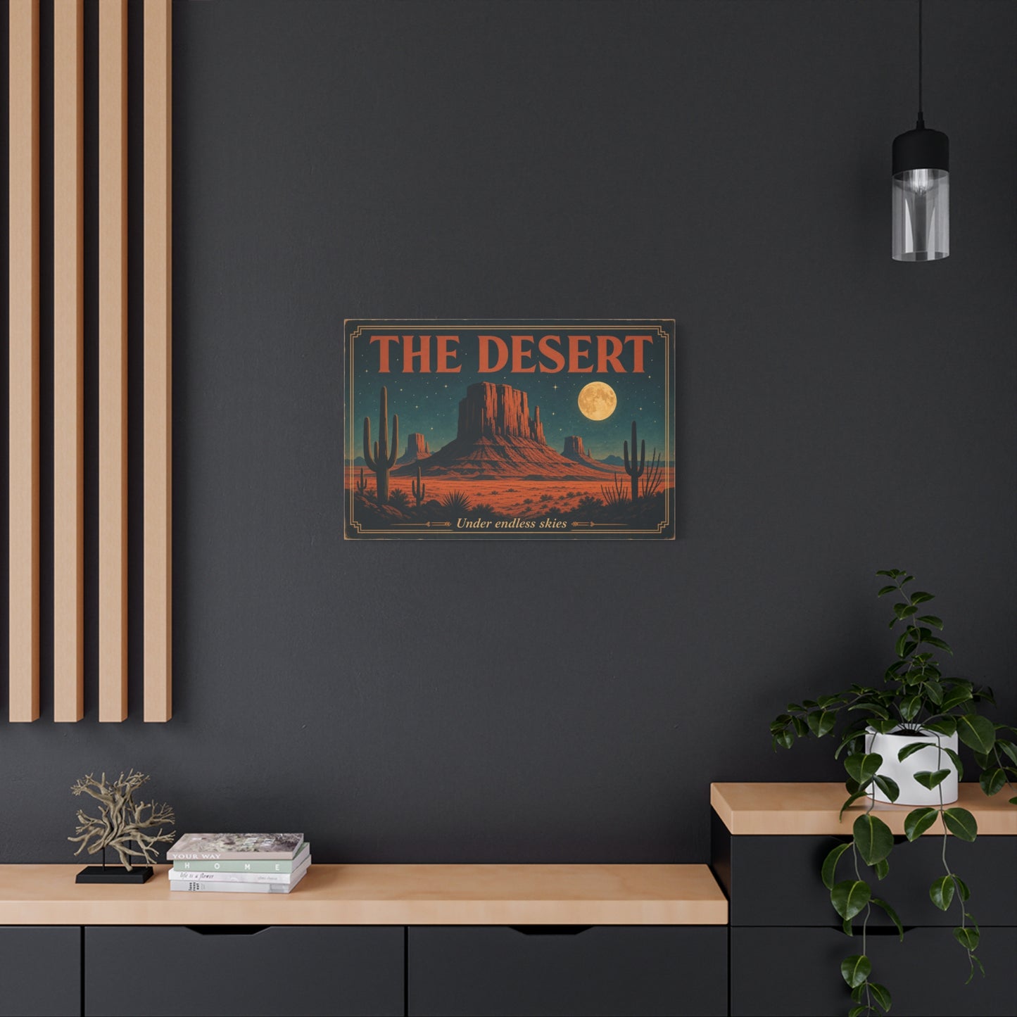 "THE DESERT" Canvas Wall Art - Moonlit Saguaro Desert Mesa Landscape, "Under endless skies" - Vintage Southwest Poster Style, Living Room Wall Decor, Bedroom Home Decoration - Bedroom Home Decoration