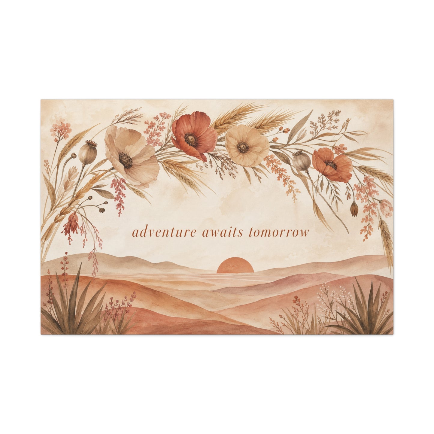 "Adventure Awaits Tomorrow" Poppy Flower Canvas Wall Art - Boho Botanical Desert Sunset Quote Print - Warm Neutral Watercolor Landscape - Bedroom Wall Decor, Living Room Home Accent - Ready to Hang