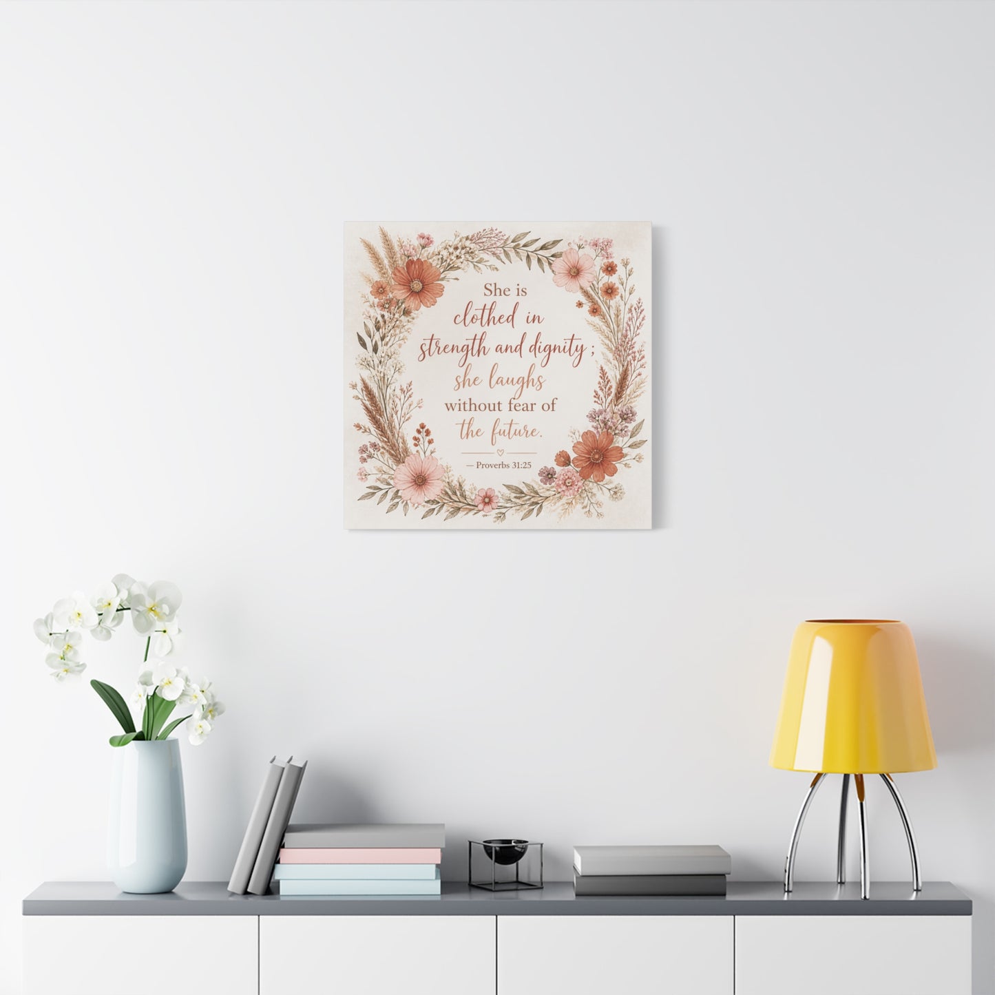 "She Is Clothed In Strength And Dignity" Floral Canvas Wall Art - Proverbs 31:25 Scripture Quote, Blush Wildflower Wreath, Farmhouse Style, Bedroom Wall Decor - Bedroom Home Decoration - Ready to Hang