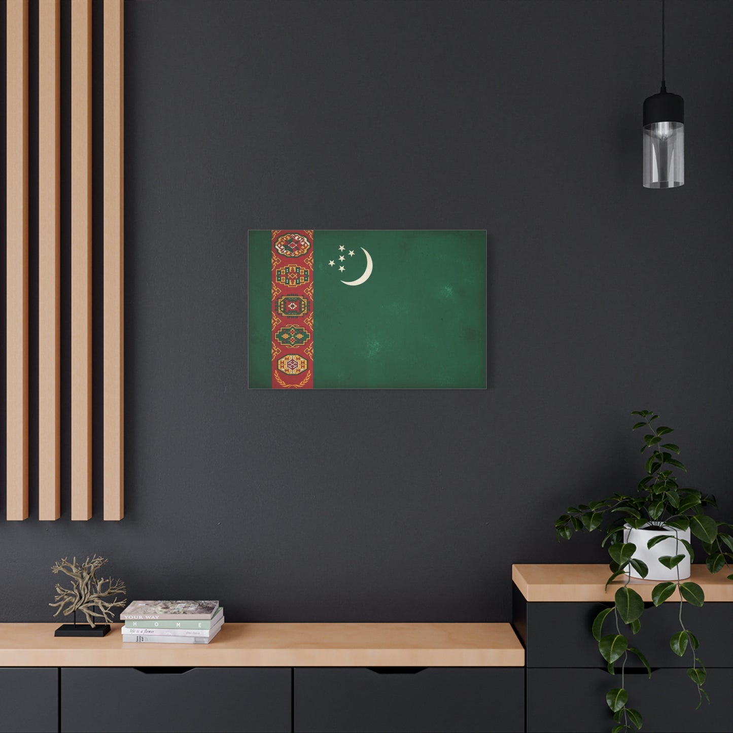 Turkmenistan Flag Canvas Wall Art - Vintage Nation Banner Print, Green Crescent Stars, Heritage Decor - Traditional Style - Living Room Wall Decor, Bedroom Home Decoration - Bedroom Home Decoration
