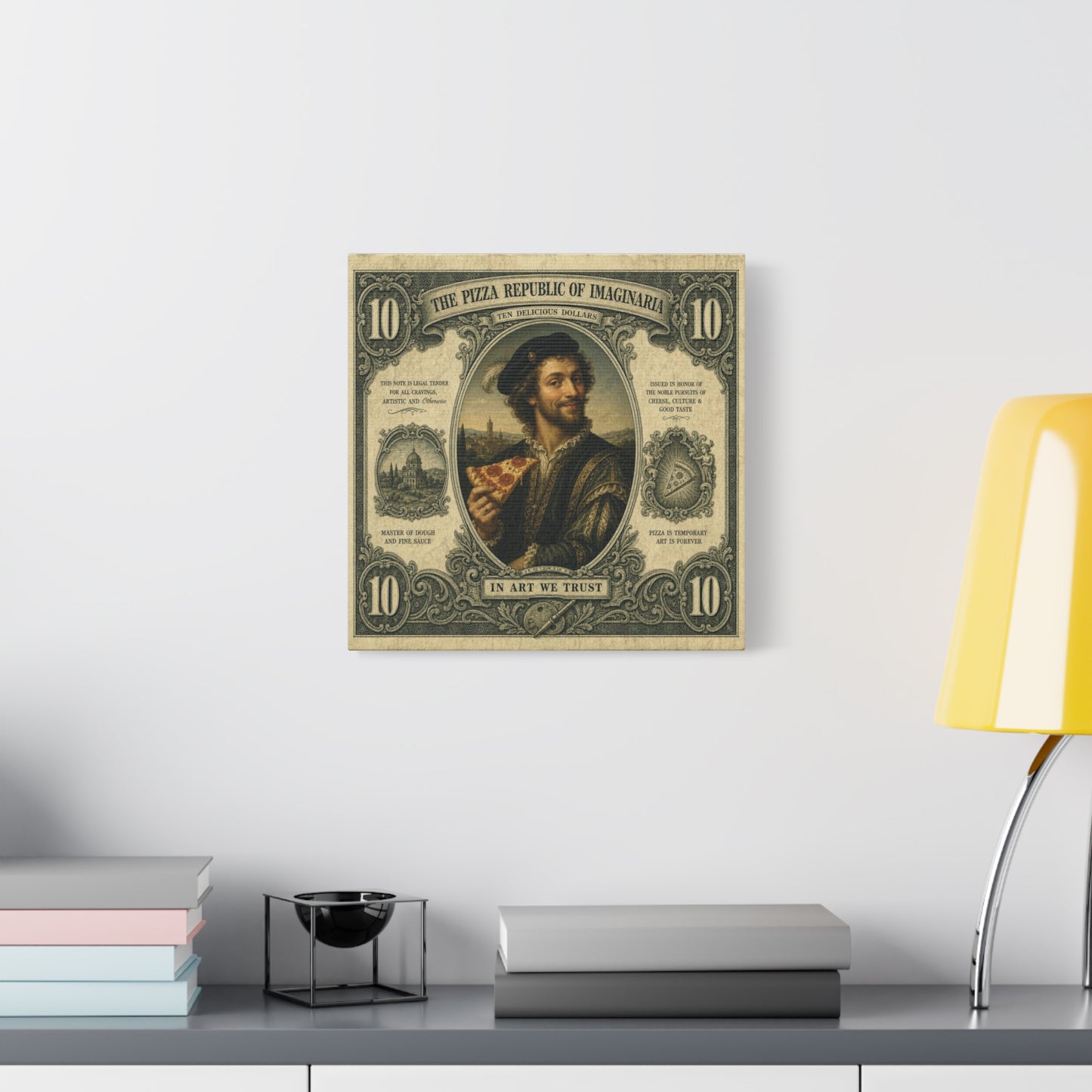 "The Pizza Republic Of Imaginaria" Canvas Wall Art - Vintage Typography Portrait Print, Renaissance Pizza Note Design, Eclectic Office Wall Decor, Cafe Wall Art, Humor Canvas - Reception Area Decor