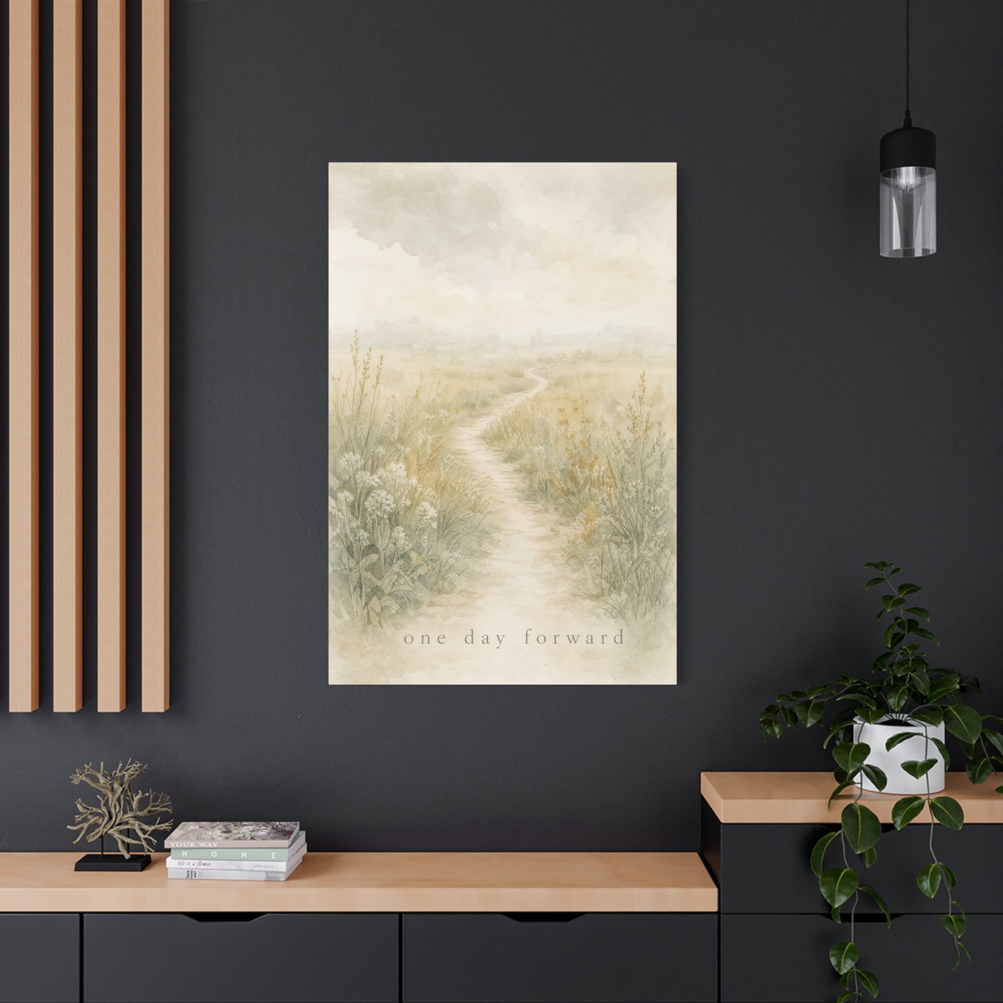 "One Day Forward" Inspirational Canvas Wall Art - Soft Meadow Path Watercolor Print, Neutral Sage Beige Botanical Landscape, Bedroom Wall Decor, Meditation Space Home Decoration - Ready to Hang