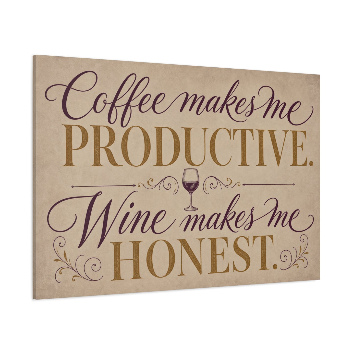 "Coffee Makes Me Productive. Wine Makes Me Honest." Canvas Wall Art - Vintage Typography Decor - Rustic Neutral Quote Print - Bar Cart Accent - Office Wall Art - Coffee Shop Decor - Espresso Bar Sign