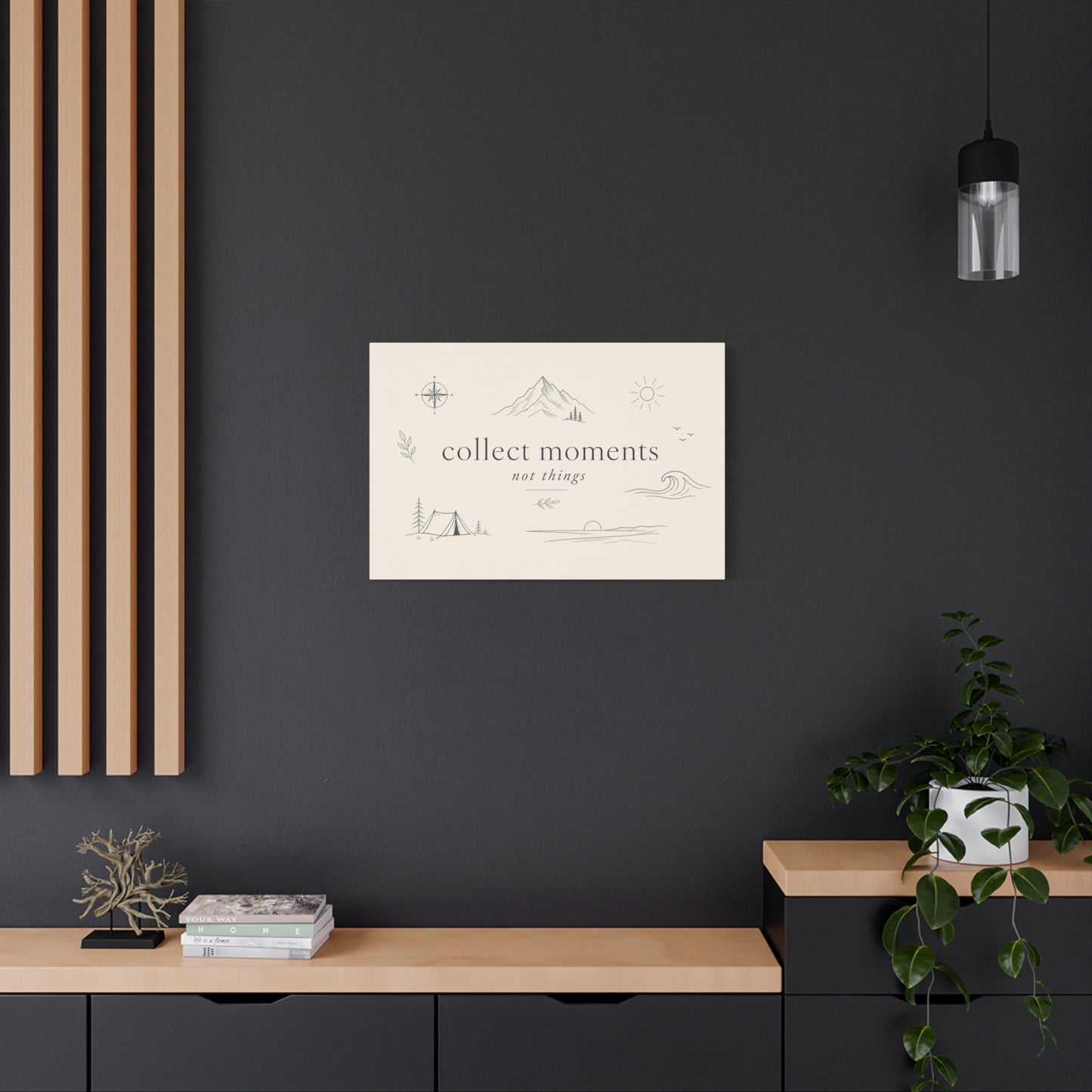 "Collect Moments Not Things" Minimalist Canvas Wall Art - Mountain, Compass, Wave Line Drawing - Neutral Typography Print - Boho Modern Wall Decor For Living Room, Bedroom, Office Accent