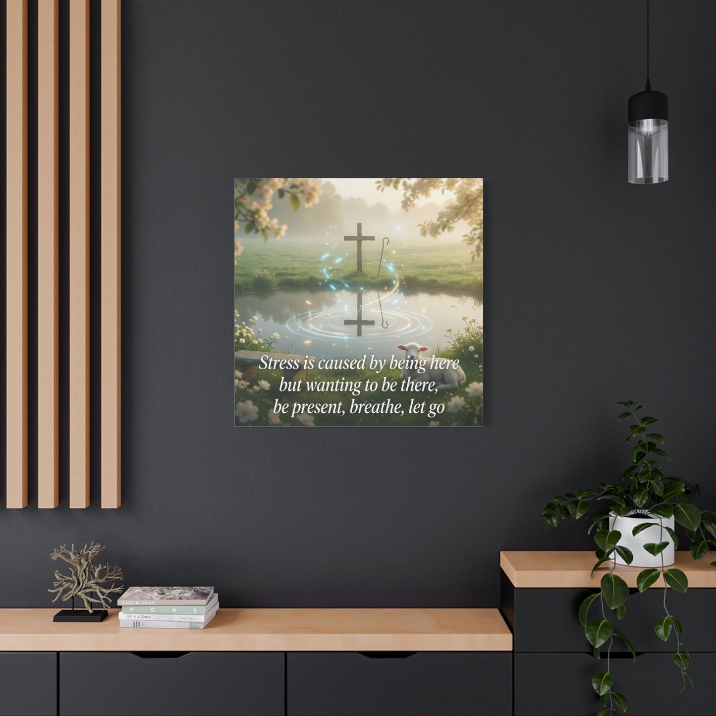 "Stress is caused by being here but wanting to be there, be present, breathe, let go" Cross Canvas Wall Art - Christian Inspirational Pond Scene - Traditional Style - Bedroom Wall Decor