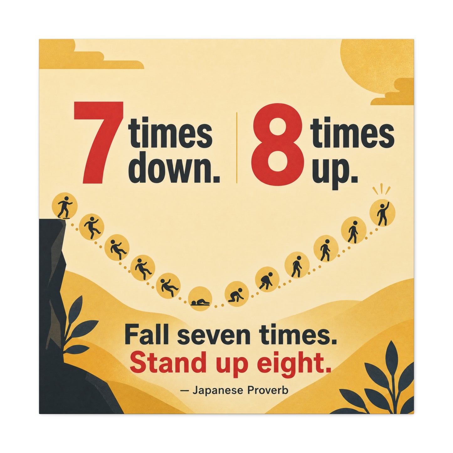 "Fall Seven Times. Stand Up Eight." Inspirational Canvas Wall Art - Japanese Proverb Quote Print, Minimalist Typography Decor, Modern Bedroom Home Decoration - Ready to Hang - Living Room Wall Decor