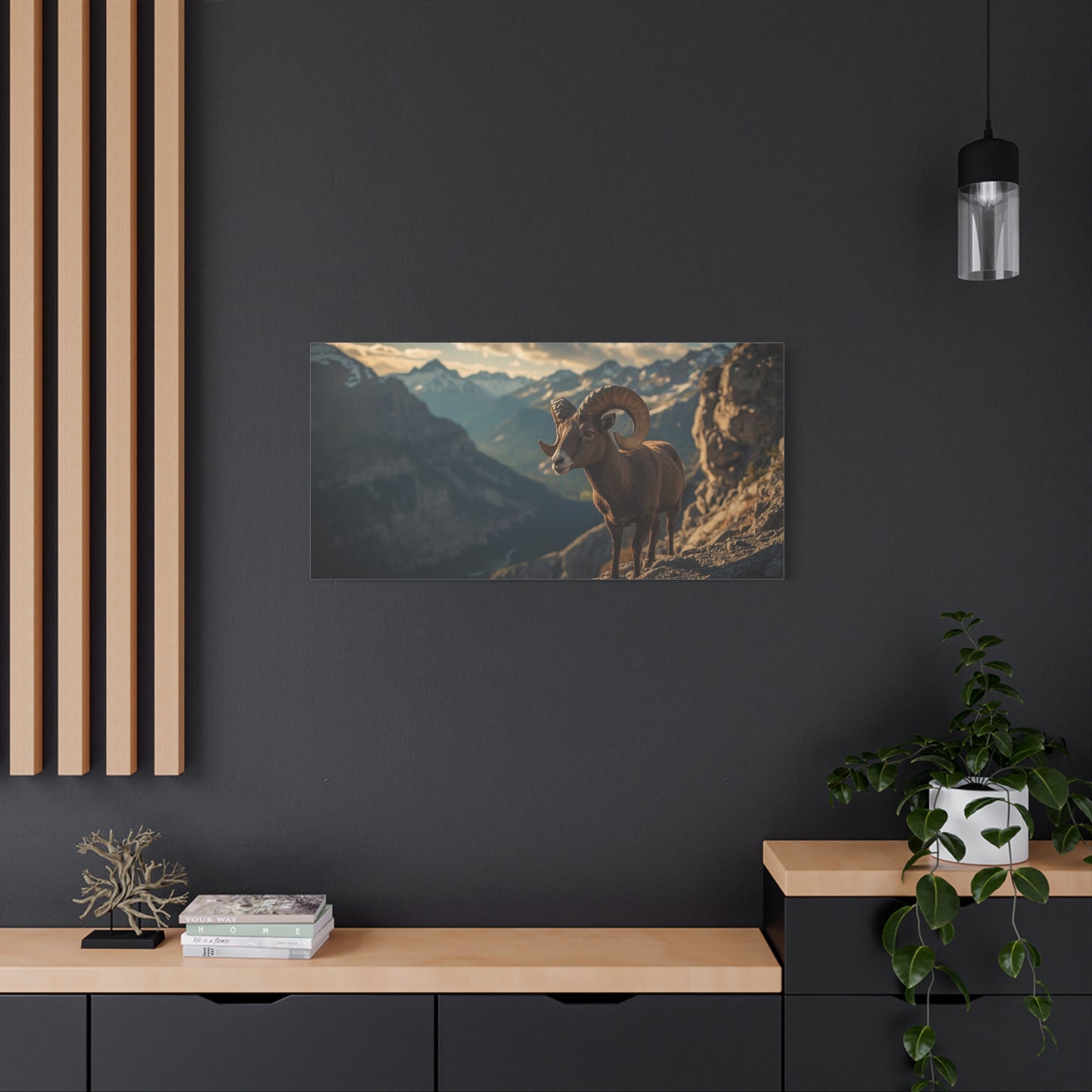 Bighorn Sheep Canvas Wall Art - Mountain Wildlife Art Print, Golden Alpine Cliff Scene - Matte Cotton Artwork - Rustic Lodge Decor, Living Room Wall Decor, Office Art - Bedroom Home Decoration