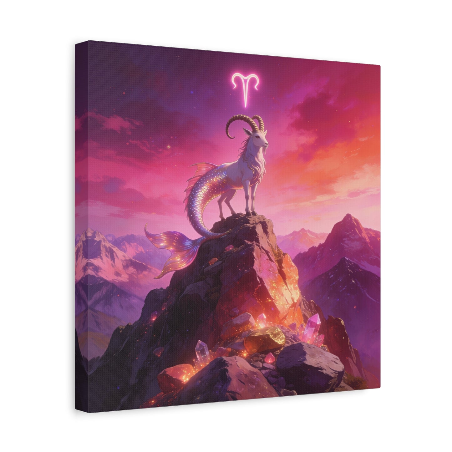Aries Zodiac Mermaid Goat Canvas Wall Art - Fantasy Mountain Crystal Scene - Pink Purple Celestial Illustration - Modern Mystical Decor, Bedroom Home Decoration, Office Wall Art - Ready to Hang