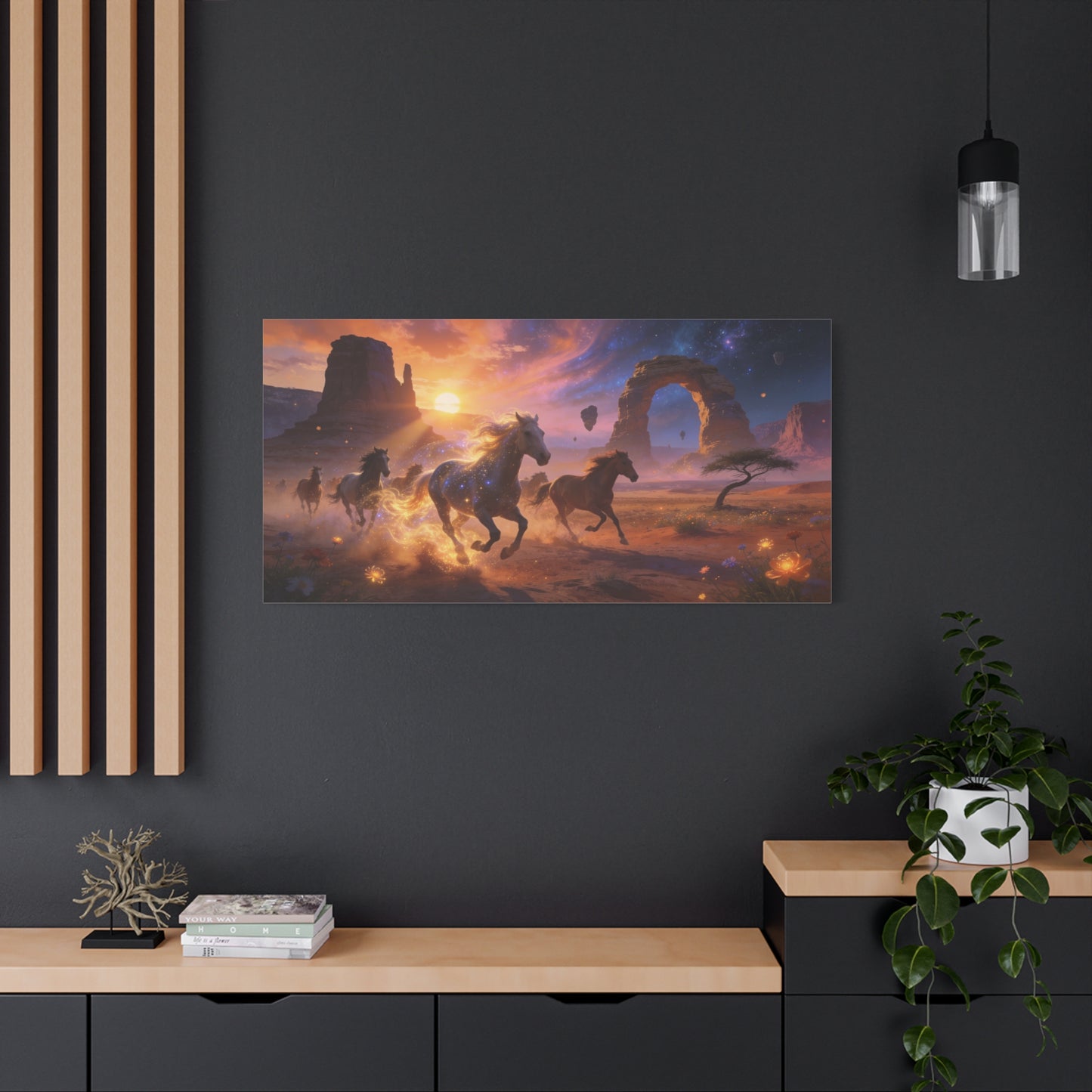 Celestial Wild Horses Canvas Wall Art - Fantasy Desert Arch Sunset, Glowing Galaxy Sky - Matte Cotton Print - Contemporary Landscape Style - Living Room Wall Decor - Bedroom Home Decoration