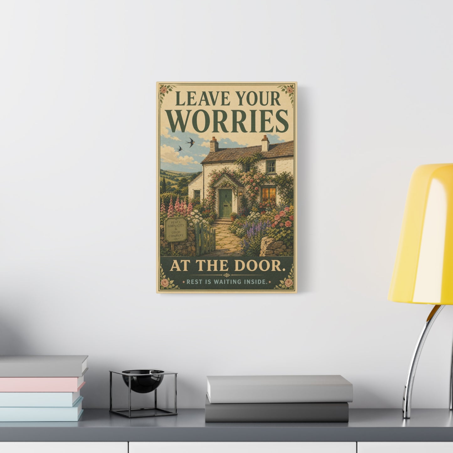 "Leave Your Worries At The Door. Rest Is Waiting Inside." Canvas Wall Art - Vintage Cottage Garden Quote Print, Floral Farmhouse Style, Bedroom Home Decoration, Entryway Decor - Living Room Wall Decor