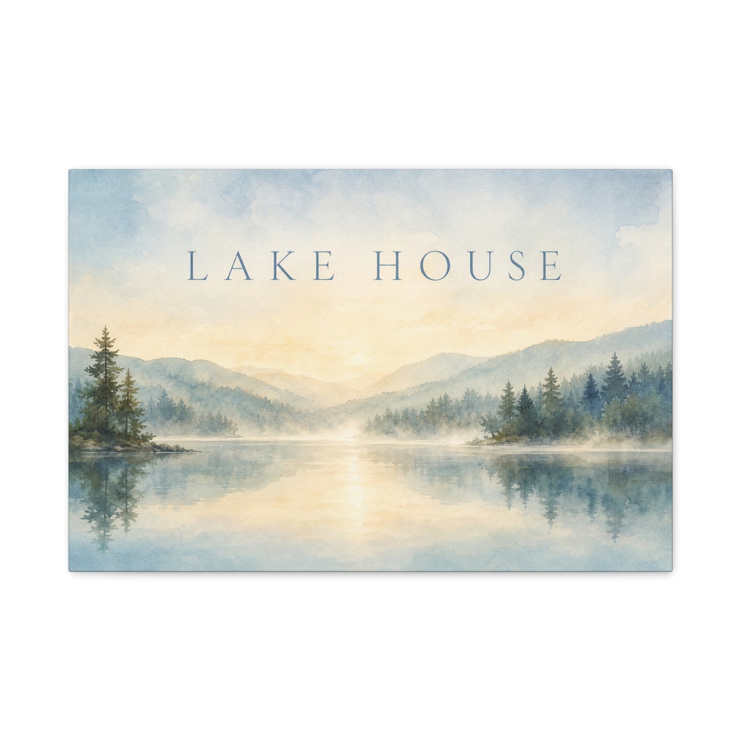 "Lake House" Canvas Wall Art - Misty Mountain Watercolor Landscape Print, Serene Cabin Decor, Rustic Retreat Wall Hanging, Bedroom Home Decoration, Entryway Accent, Vacation Rental Style