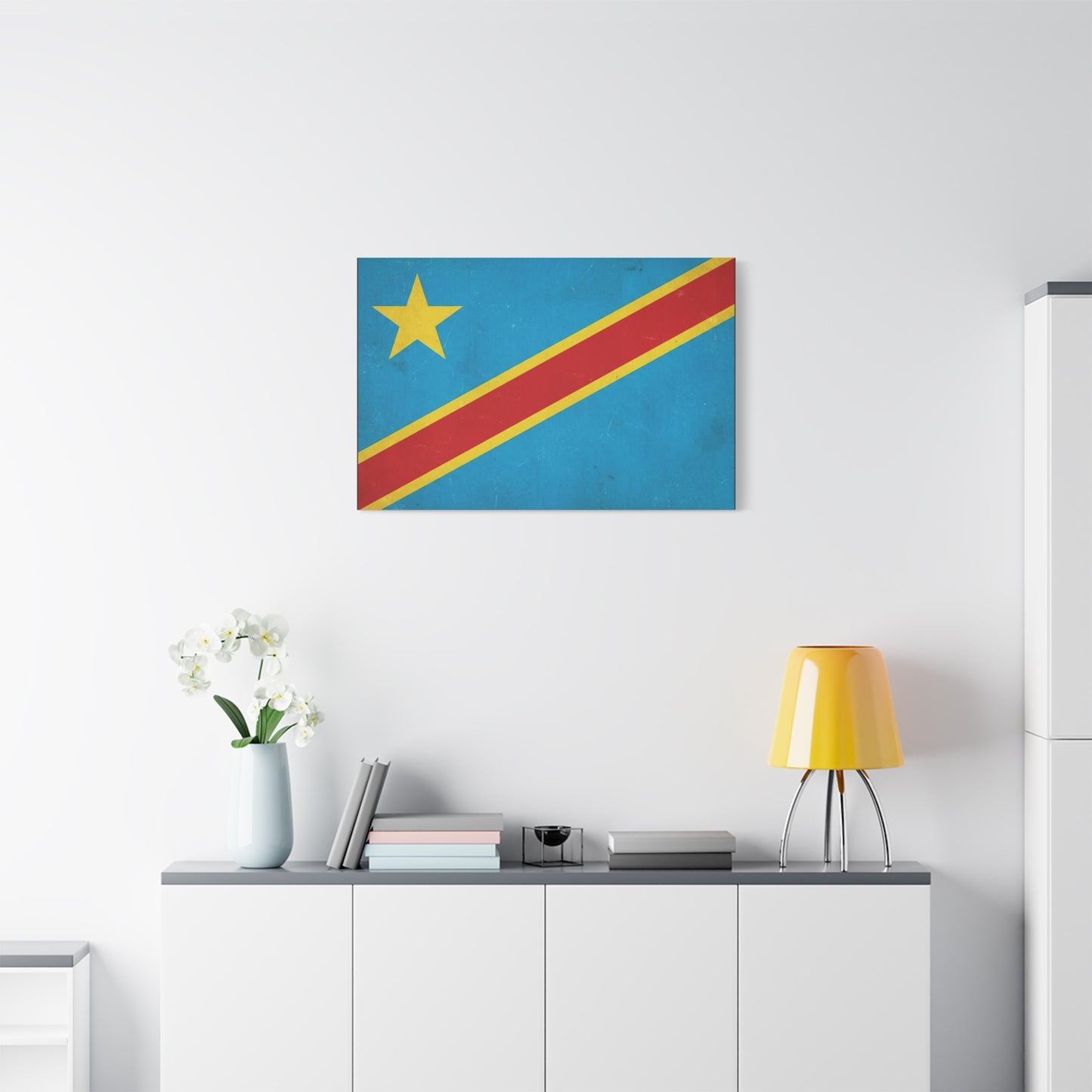 Democratic Republic Of The Congo Flag Canvas Wall Art - Vintage Patriotic Country Print, Distressed Blue Red Yellow Design - Cultural Pride Decor - Living Room Bedroom Office Accent - Office Wall Art