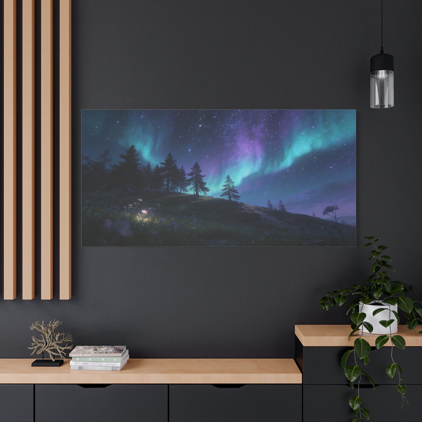 Northern Lights Canvas Wall Art - Aurora Borealis Night Sky Landscape Print, Starry Forest Meadow, Calming Contemporary Decor - Living Room Wall Decor, Bedroom Home Decoration - Modern Farmhouse Style