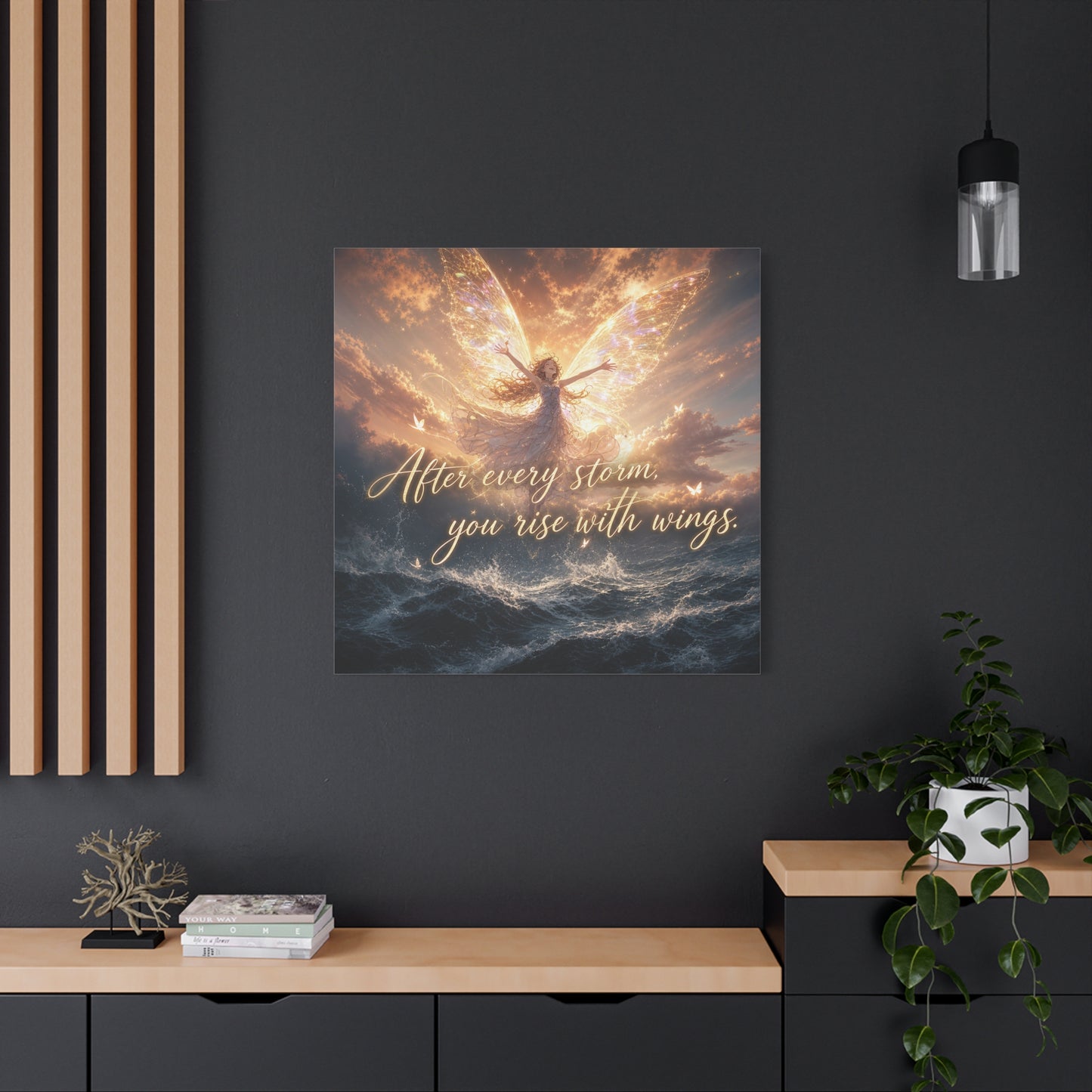 "After Every Storm, You Rise With Wings." Fairy Canvas Wall Art - Inspirational Ocean Sky Quote Print - Golden Ethereal Fantasy Decor - Bedroom Wall Hanging, Living Room Accent - Ready to Hang
