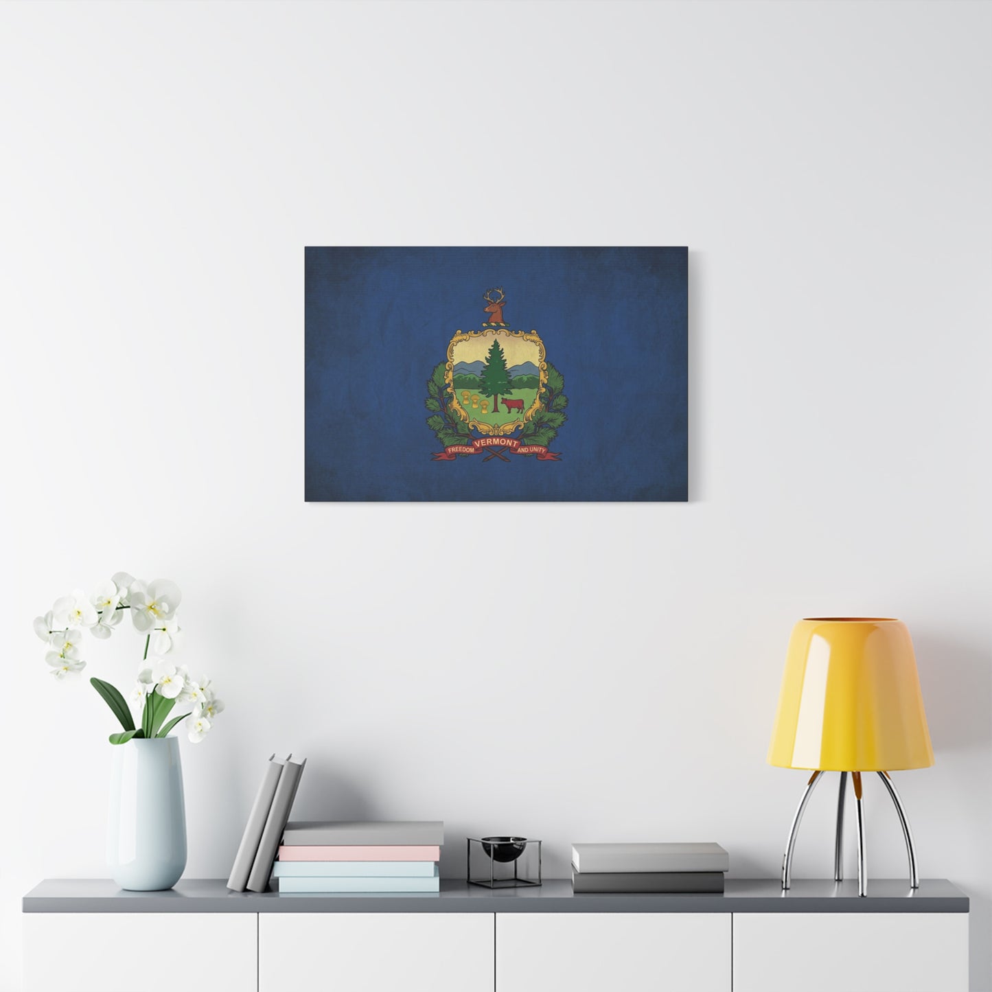 "VERMONT" State Flag Canvas Wall Art - Freedom And Unity Deer Crest Print - Vintage Blue Banner, Rustic Americana Style - Living Room Wall Decor, Office Decoration - Ready to Hang - Ready to Hang