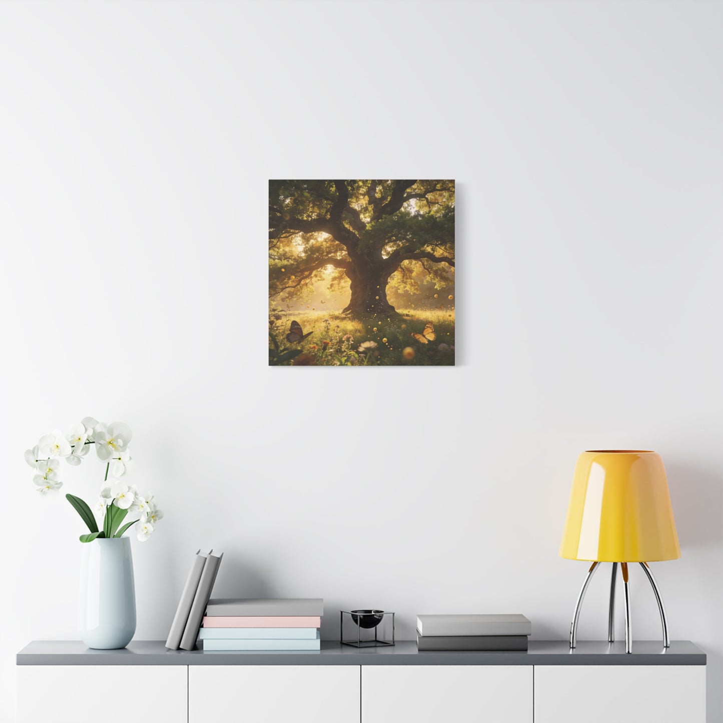 Sunlit Oak Tree Canvas Wall Art - Golden Meadow Butterflies, Nature Landscape Print - Matte Cotton Art Print, Traditional Style - Living Room Wall Decor, Bedroom Home Decoration - Ready to Hang