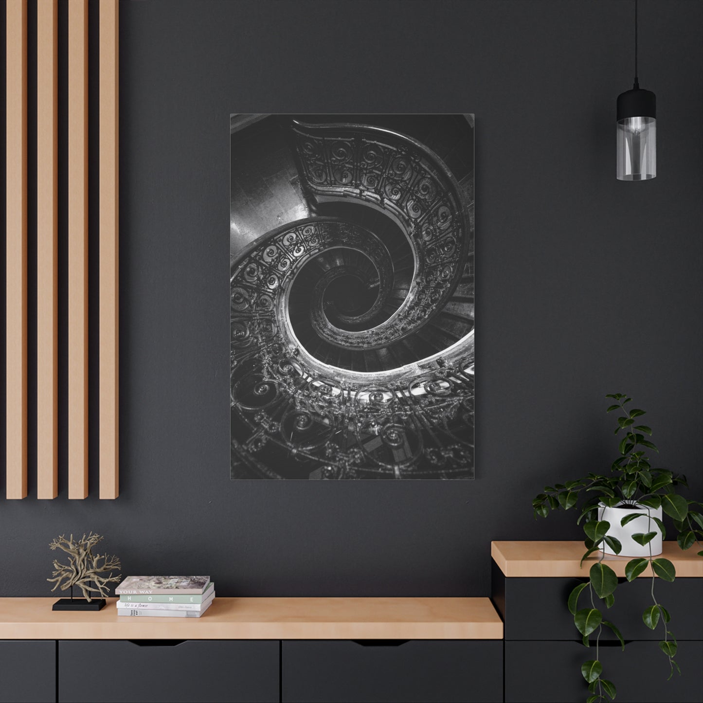 Black And White Spiral Staircase Canvas Wall Art - Architectural Art Print, Moody Monochrome Interior, Modern Minimalist Style - Office Wall Decor, Living Room Accent - Bedroom Home Decoration
