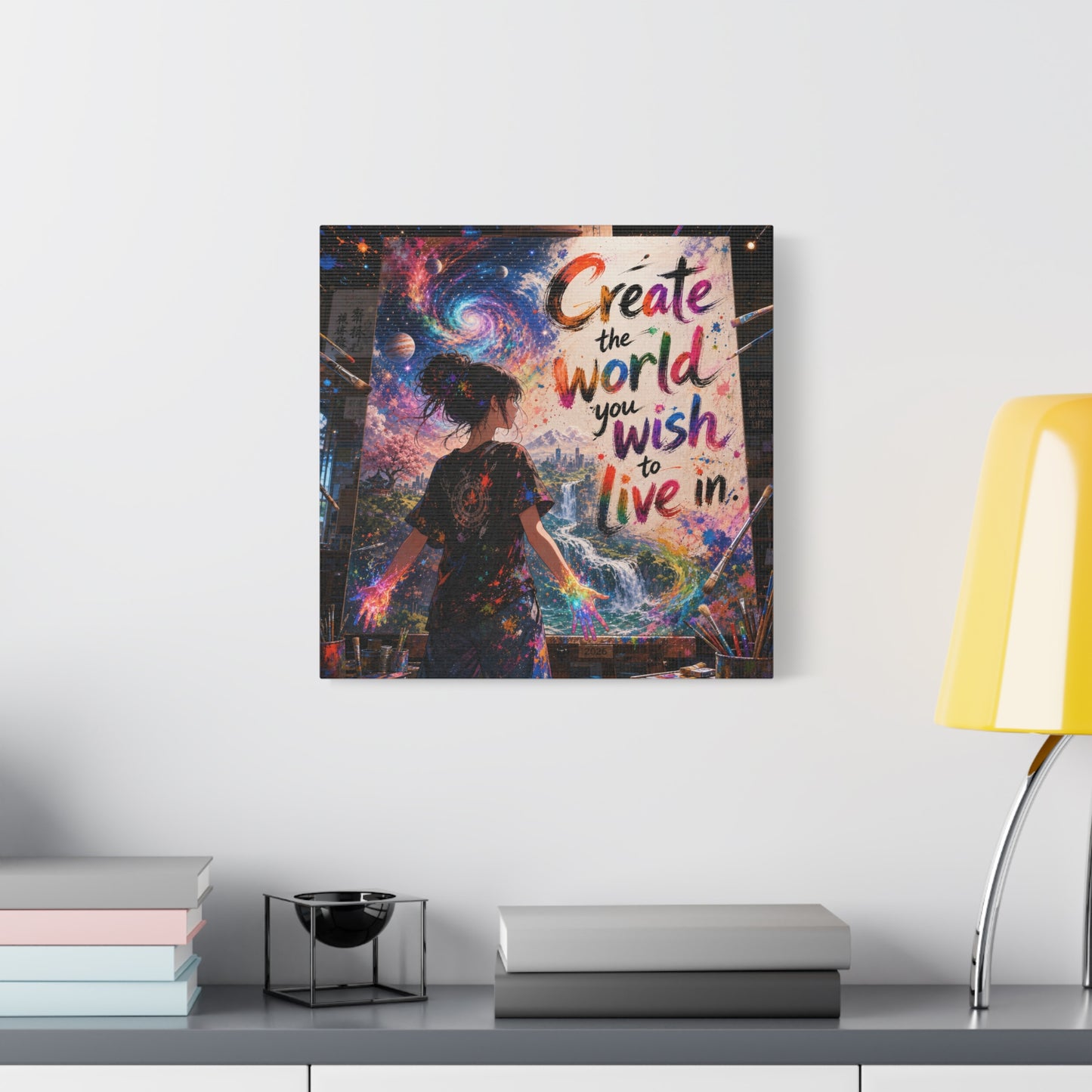 "Create The World You Wish To Live In" Inspirational Canvas Wall Art - Colorful Cosmic Artist Girl Quote Print - Modern Typography Decor - Bedroom Home Decoration, Creative Office Accent