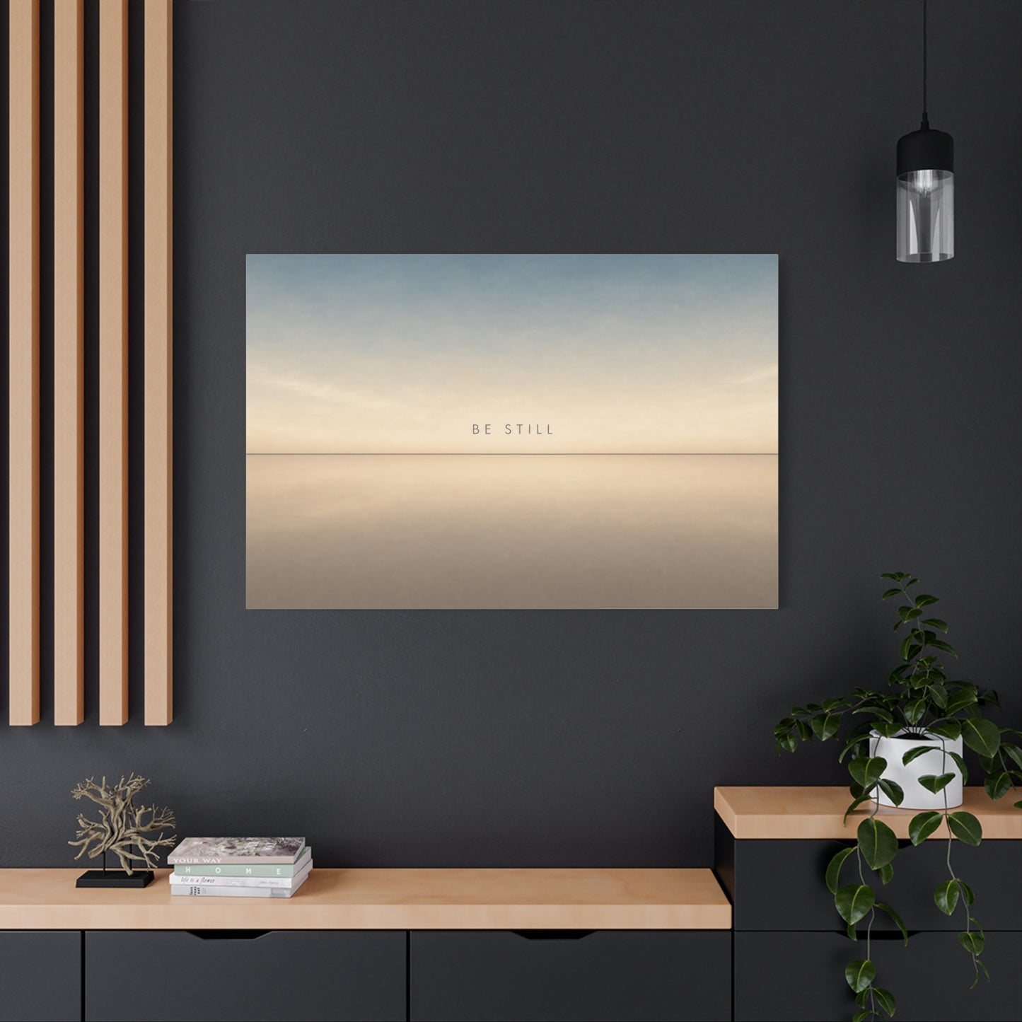 "Be Still" Minimalist Canvas Wall Art - Serene Horizon Typography Print, Neutral Blue Beige Coastal Style - Bedroom Wall Decor, Meditation Space Home Decoration - Ready to Hang - Cozy Reading Nook Art
